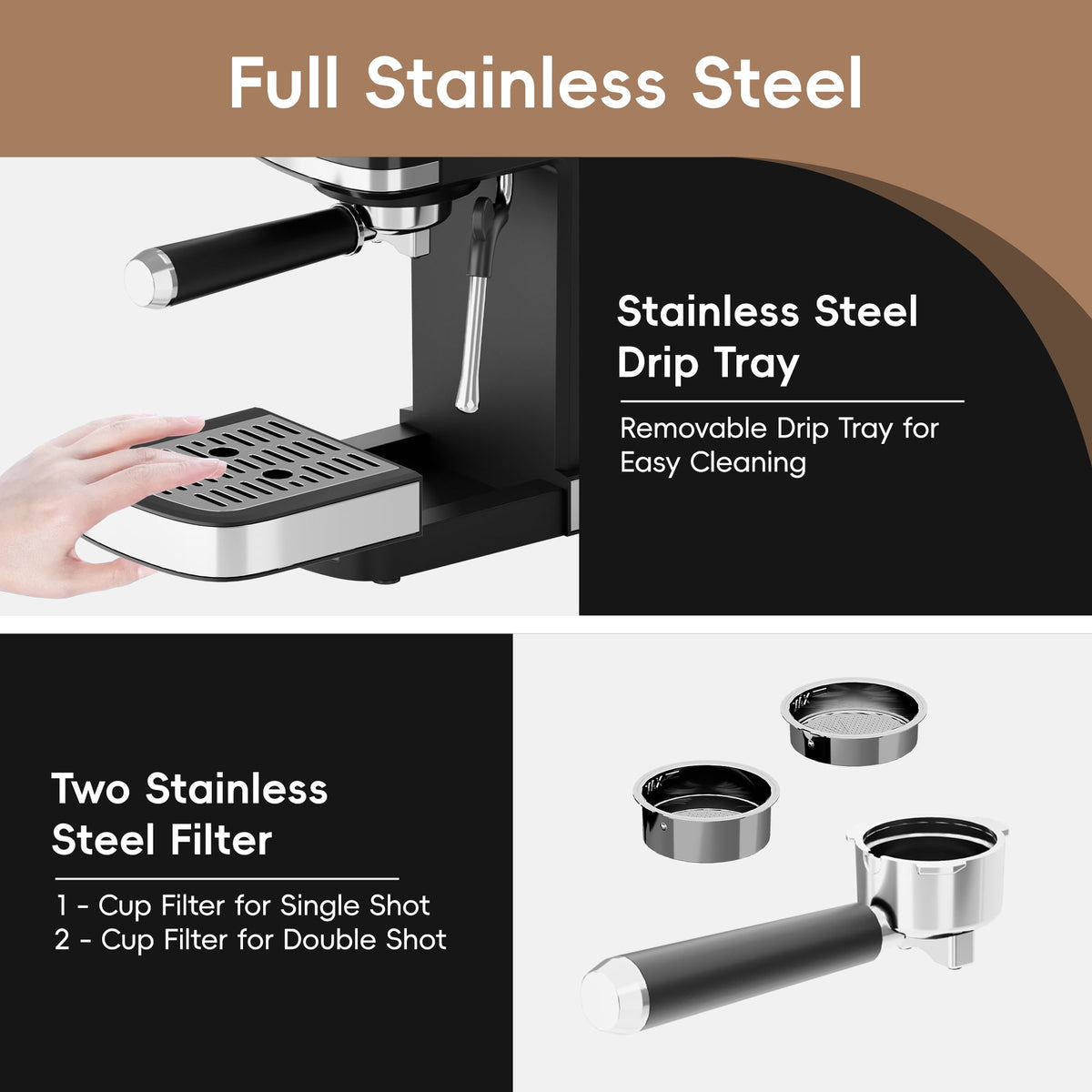 WHALL 20 Bar Touchscreen Espresso Machine & Coffee Maker – With Milk Frother Steam Wand, Stainless Steel Build & Removable Water Tank (New)