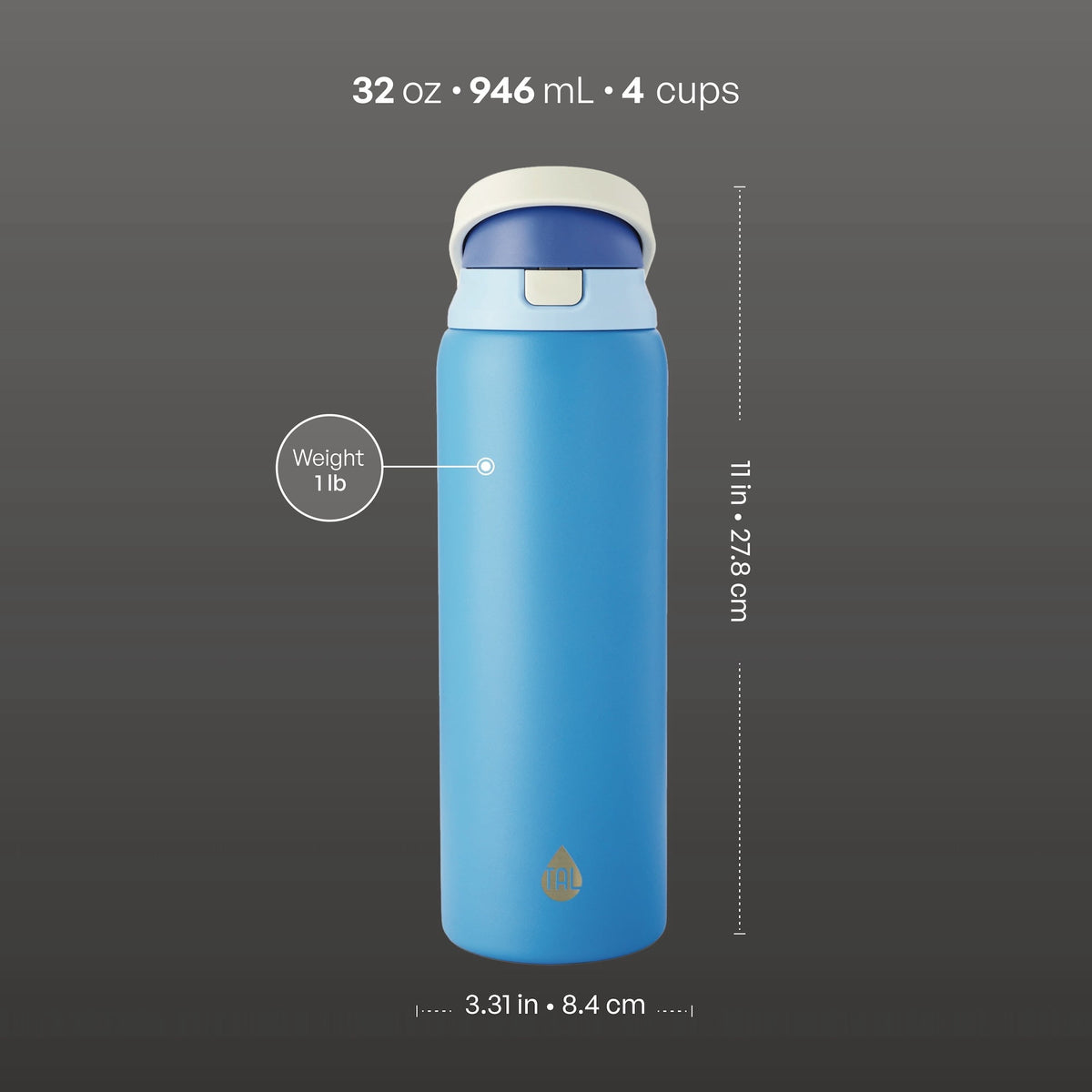 TAL 32oz Stainless Steel 2-in-1 Water Bottle with Straw and Chug Lid, Black