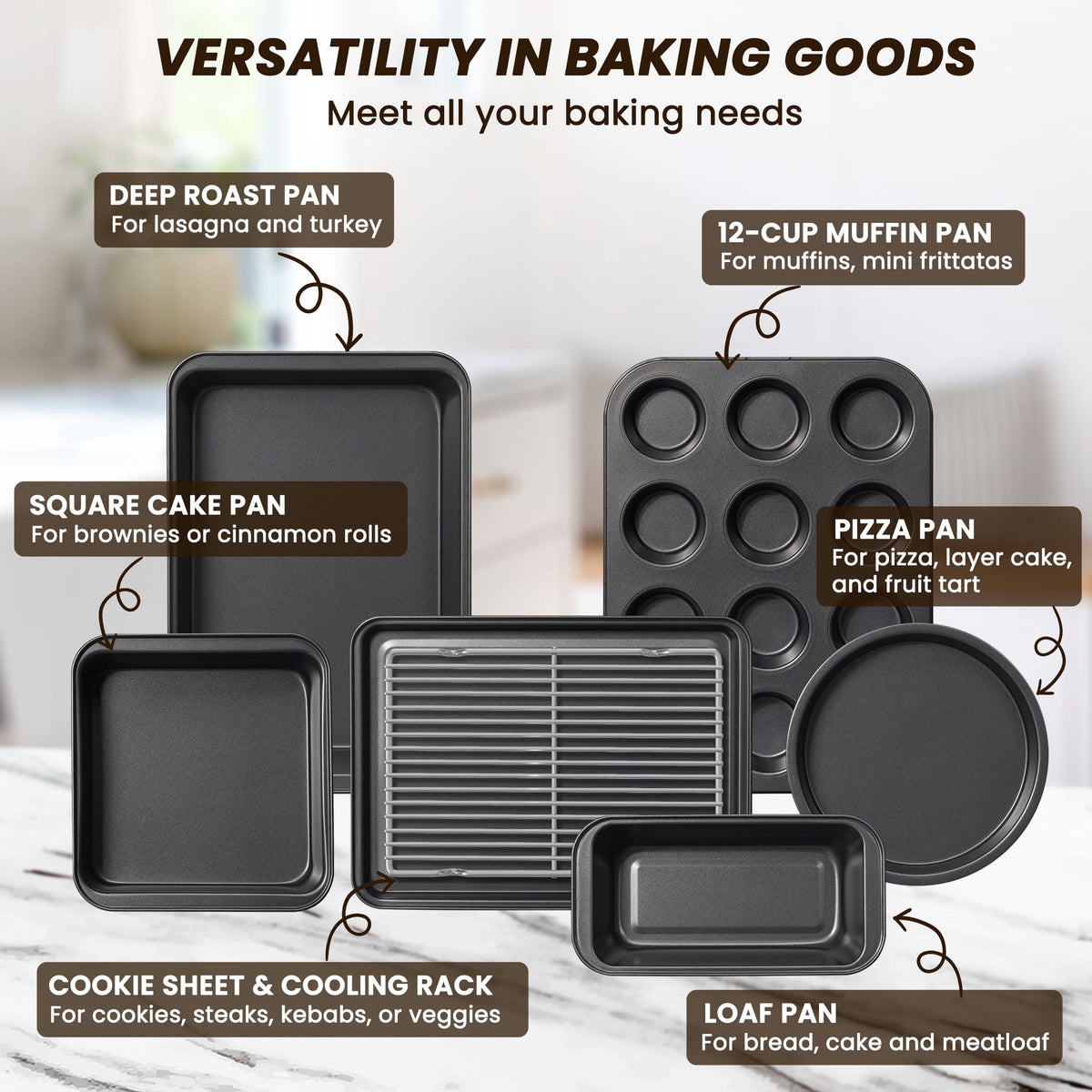Kikcoin Bakeware Set, 22 Pcs Carbon Steel Non-Stick Baking Pan Set, Baking Sheet for Kitchen, Muffin Pan & Cookie Sheet & Cake Pan, Oven Safe up to 446℉