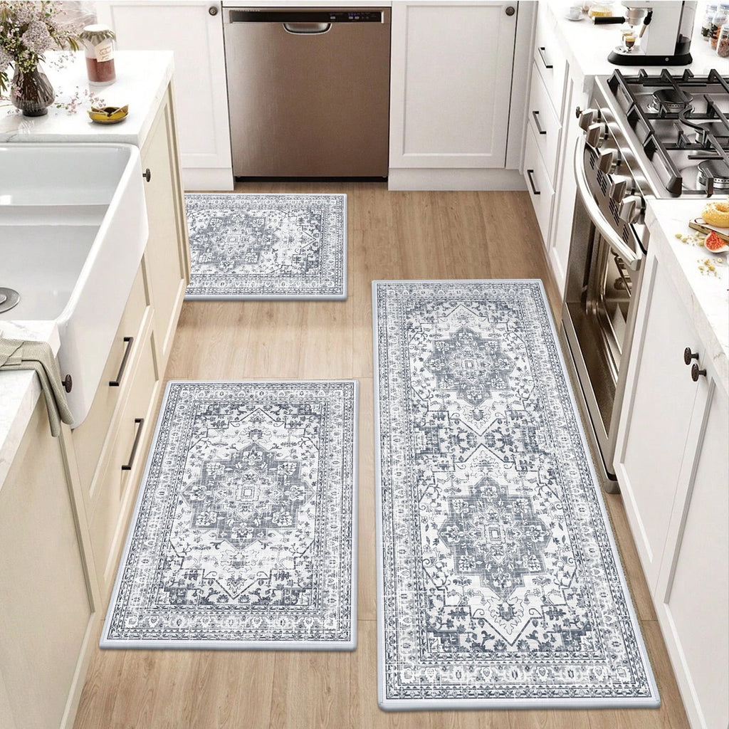 Findosom 3pcs Kitchen Rugs Set,Washable Boho Farmhouse Kitchen Mats for Floor,Non Slip Kitchen Floor Mat Carpet Runner Rugs for Entryway Hallway Laundry Home Decor 20"x32"+20"x32"+20"x47" Gray
