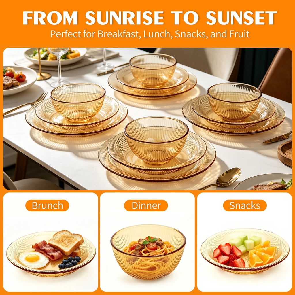 TINANA 12 Piece Amber Glass Dinnerware Set, Stackable Plates and Bowls Set, Service for 4, Microwave & Dishwasher Safe