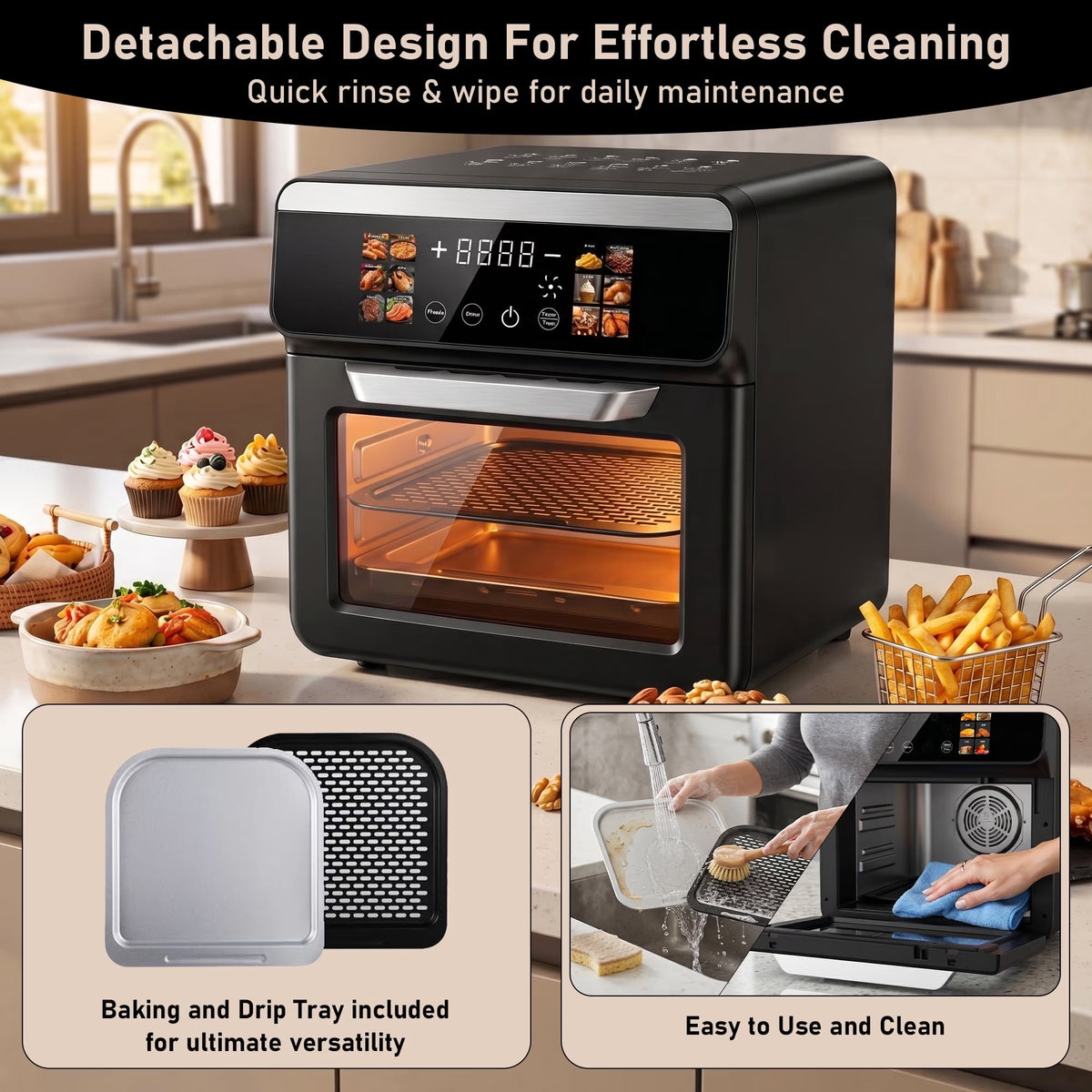 Smart Air Fryer Toaster Oven, 12 One-Touch Preset Functions, Smart Cooking Program, Viewing Window, Interior Light, Two Baking Pan Additions, Adjustable Time & Temperature, Oil-Free Family Cooker,