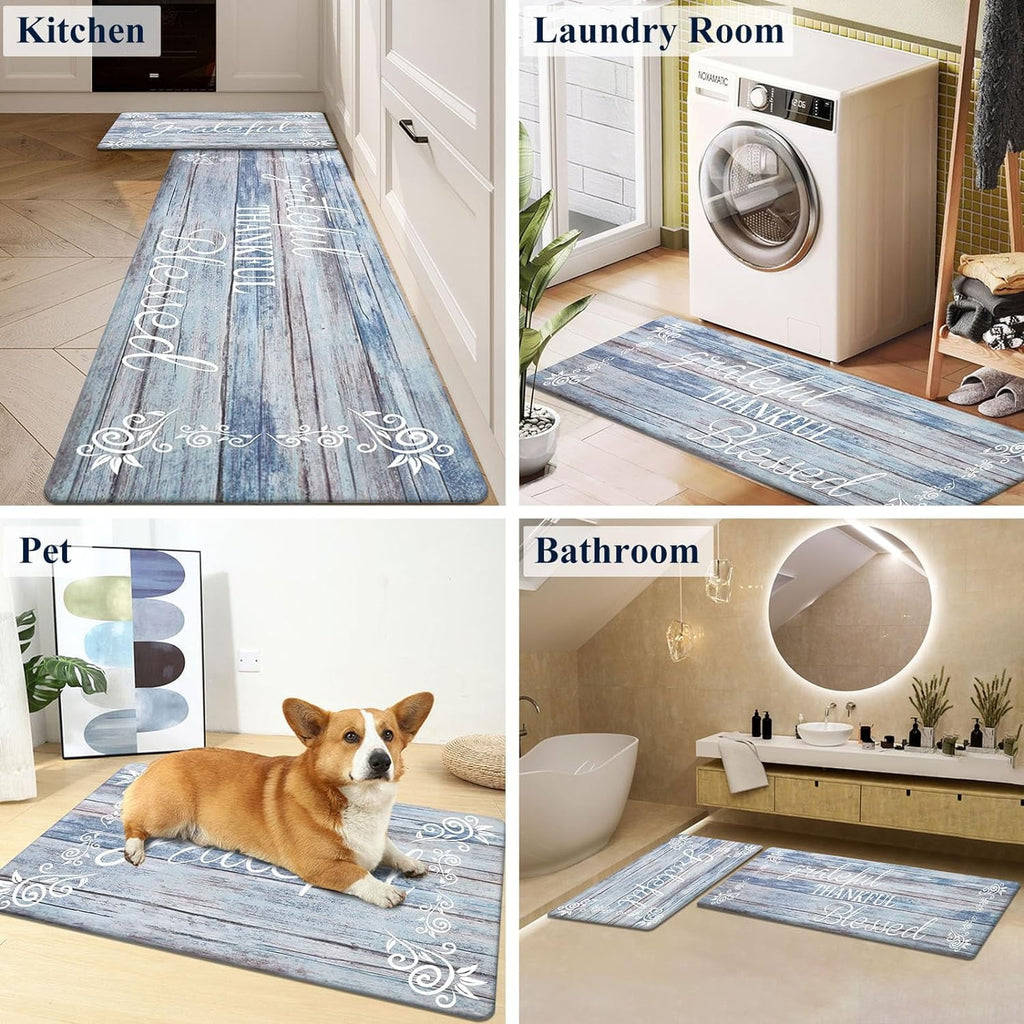 Findosom 2pcs Kitchen Rug Set, 18"x30"+18"x47" Non-slip Anti-Fatigue Kitchen Mats Farmhouse Waterproof Kitchen Runner,Ergonomic Comfort Cushioned Standing Mat for Floor,Home,Office,Sink,Laundry Blue