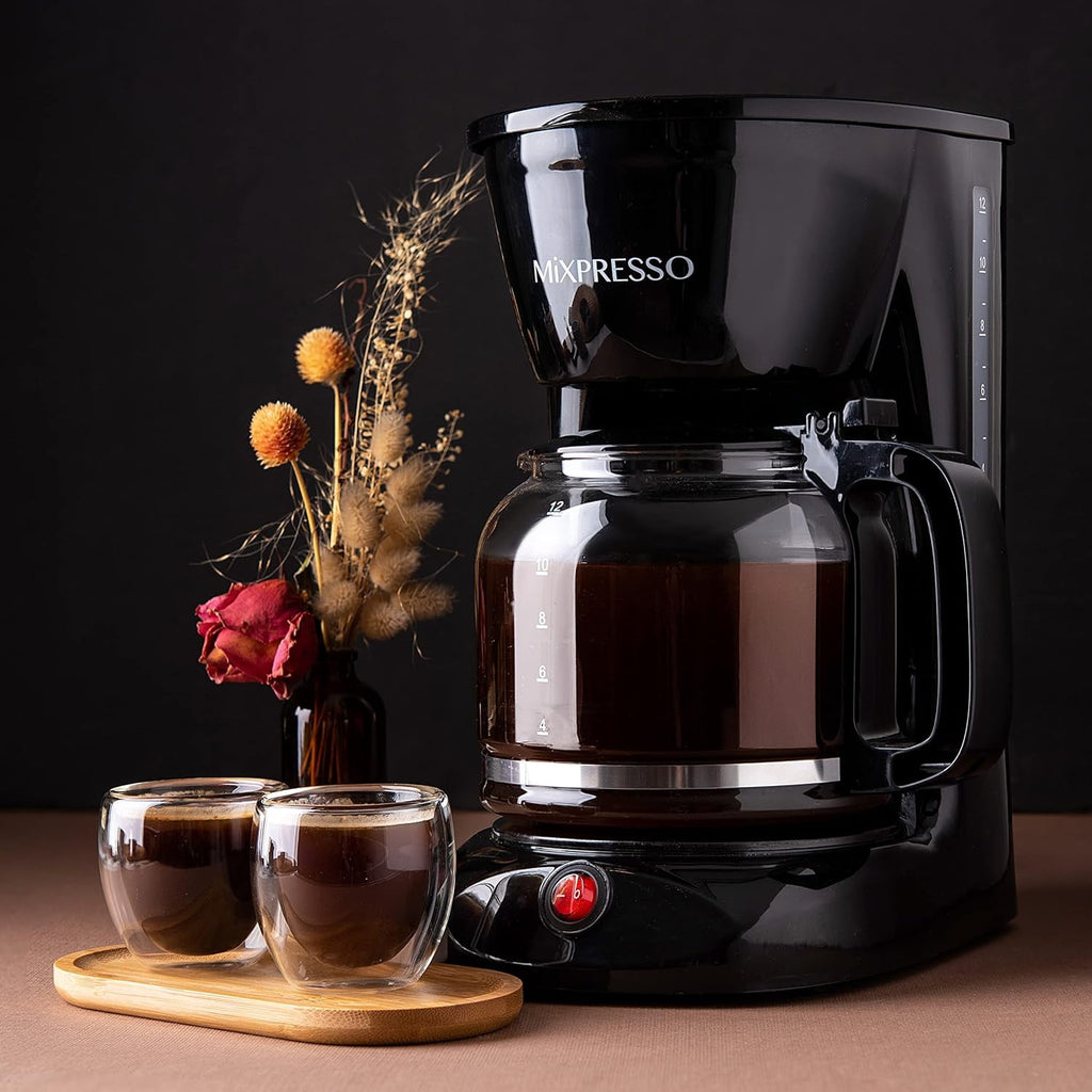 Mixpresso 12 Cup Coffee Pot, Auto-Off & Reusable Filter, Large Drip Coffee Maker 12 Cup Borosilicate Glass Carafe, Anti-Drip Coffee Machine Water Level Window, Black Electric Coffee Maker