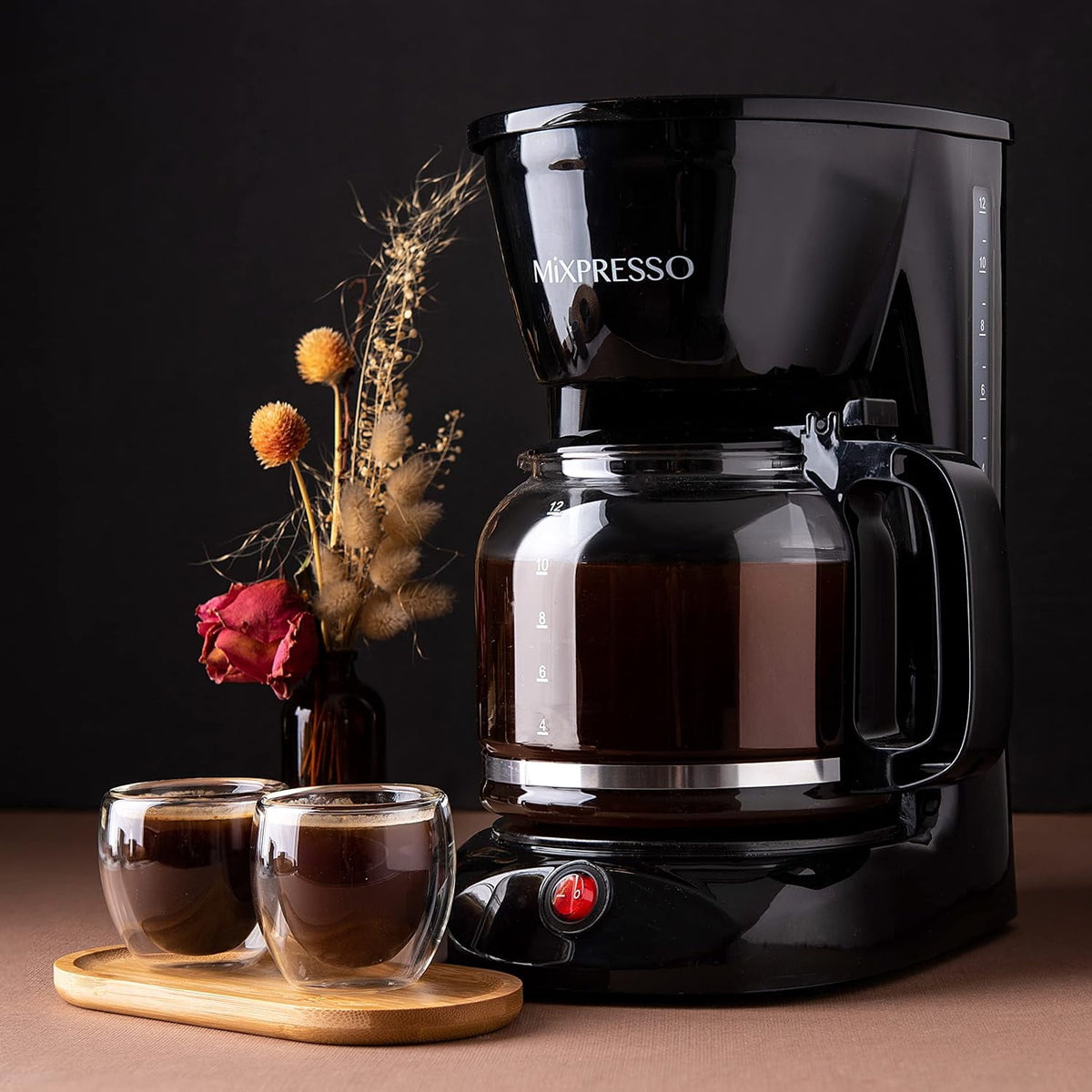 Mixpresso 12 Cup Coffee Pot, Auto-Off & Reusable Filter, Large Drip Coffee Maker 12 Cup Borosilicate Glass Carafe, Anti-Drip Coffee Machine Water Level Window, Black Electric Coffee Maker