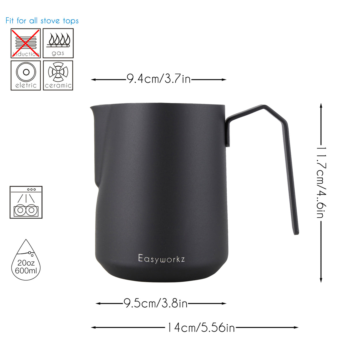 Easyworkz Espresso Milk Frothing Pitcher Heavy-Gauge Stainless Steel 20 oz Cappuccino Latte Art Cup, Brushed Silver