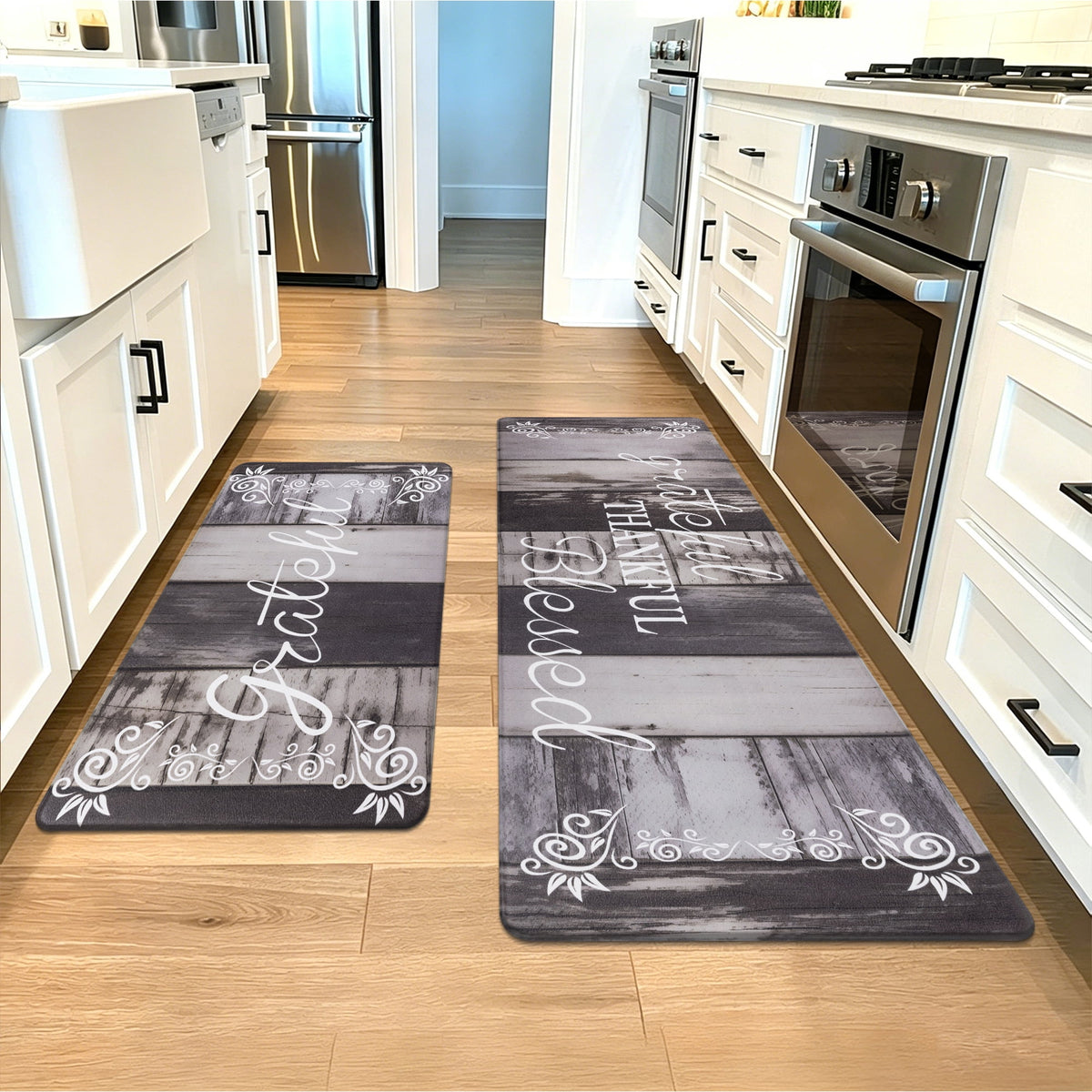 MeyJey Farmhouse Kitchen Rug Set of 2, Non-Slip Anti-Fatigue Waterproof Cushioned Mat for Kitchen, Dining & Laundry Room, 18"x30"+18"x48" Teal/Brown