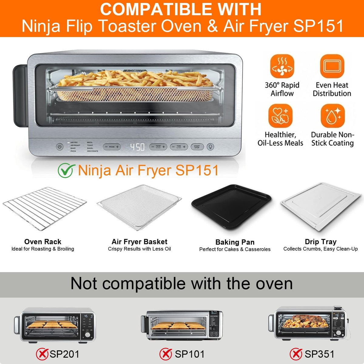 Air Fryer Replacement Parts for Ninja Flip Toaster Oven & Air Fryer SP151, 13.8''× 10.6'' Air Fryer Accessories Basket Grill Rack Crumb Tray Drip Pan