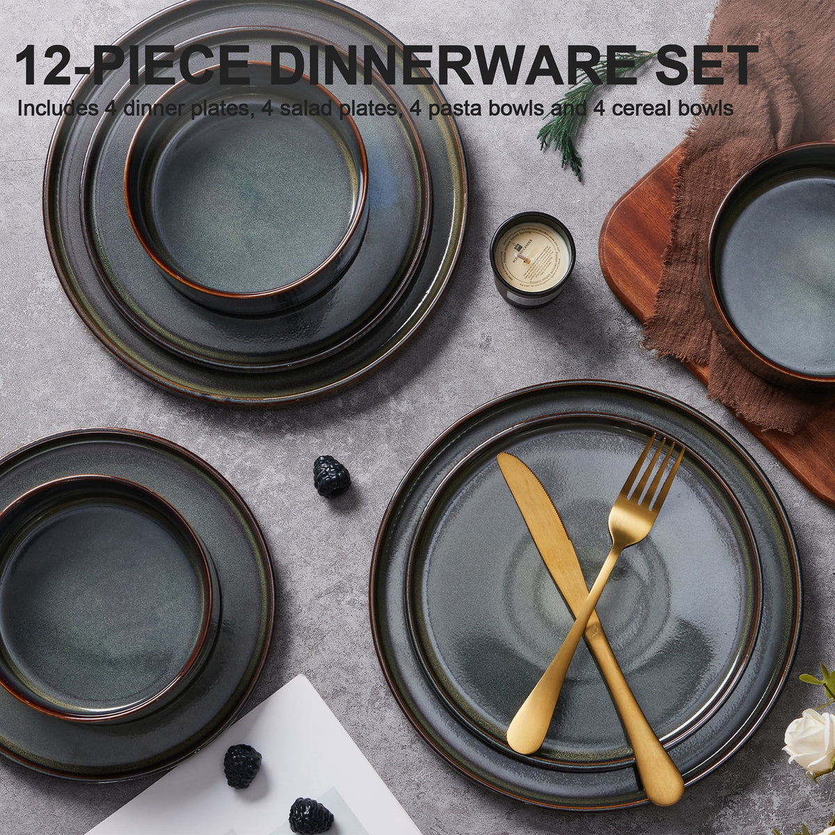 Vesteel 12 Pieces Dinnerware Set for 4, Premium Stoneware Ribbed Dishes, Chip & Scratch Resistant Plates and Bowls Set for Home Restaurant, Microwave and Dishwasher Safe - Speckled White