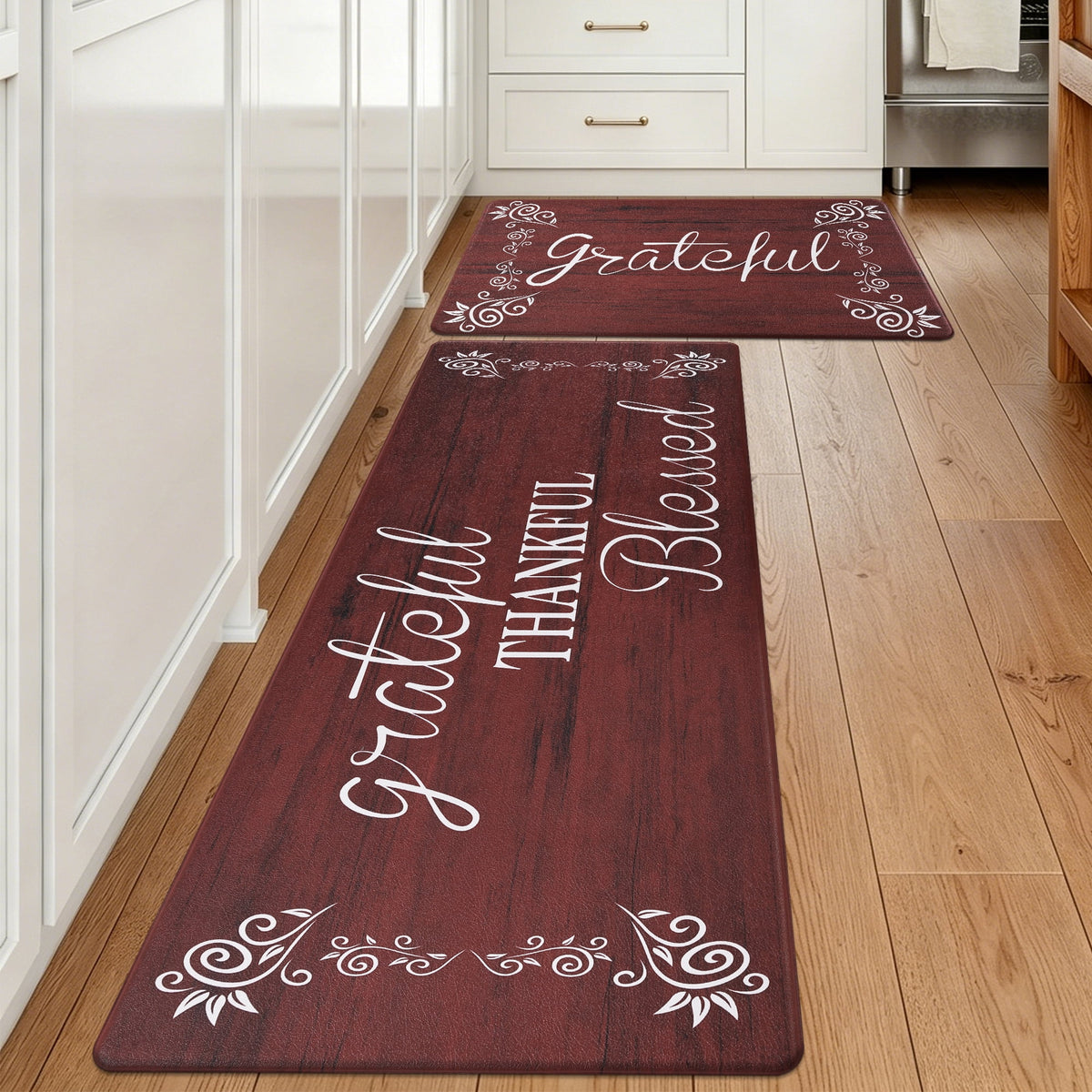 MeyJey Farmhouse Kitchen Rug Set of 2, Non-Slip Anti-Fatigue Waterproof Cushioned Mat for Kitchen, Dining & Laundry Room, 18"x30"+18"x48" Teal/Brown