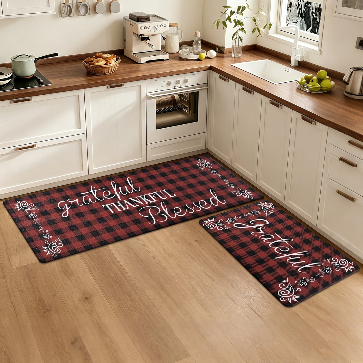 MeyJey Farmhouse Kitchen Rug Set of 2, Non-Slip Anti-Fatigue Waterproof Cushioned Mat for Kitchen, Dining & Laundry Room, 18"x30"+18"x48" Teal/Brown