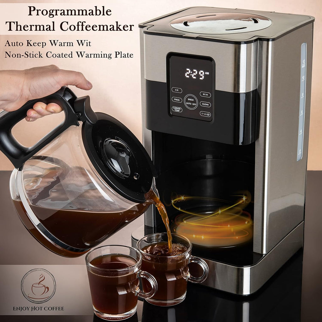 Mixpresso 12 Cup Coffee Pot, Auto-Off & Reusable Filter, Large Drip Coffee Maker 12 Cup Borosilicate Glass Carafe, Anti-Drip Coffee Machine Water Level Window, Black Electric Coffee Maker