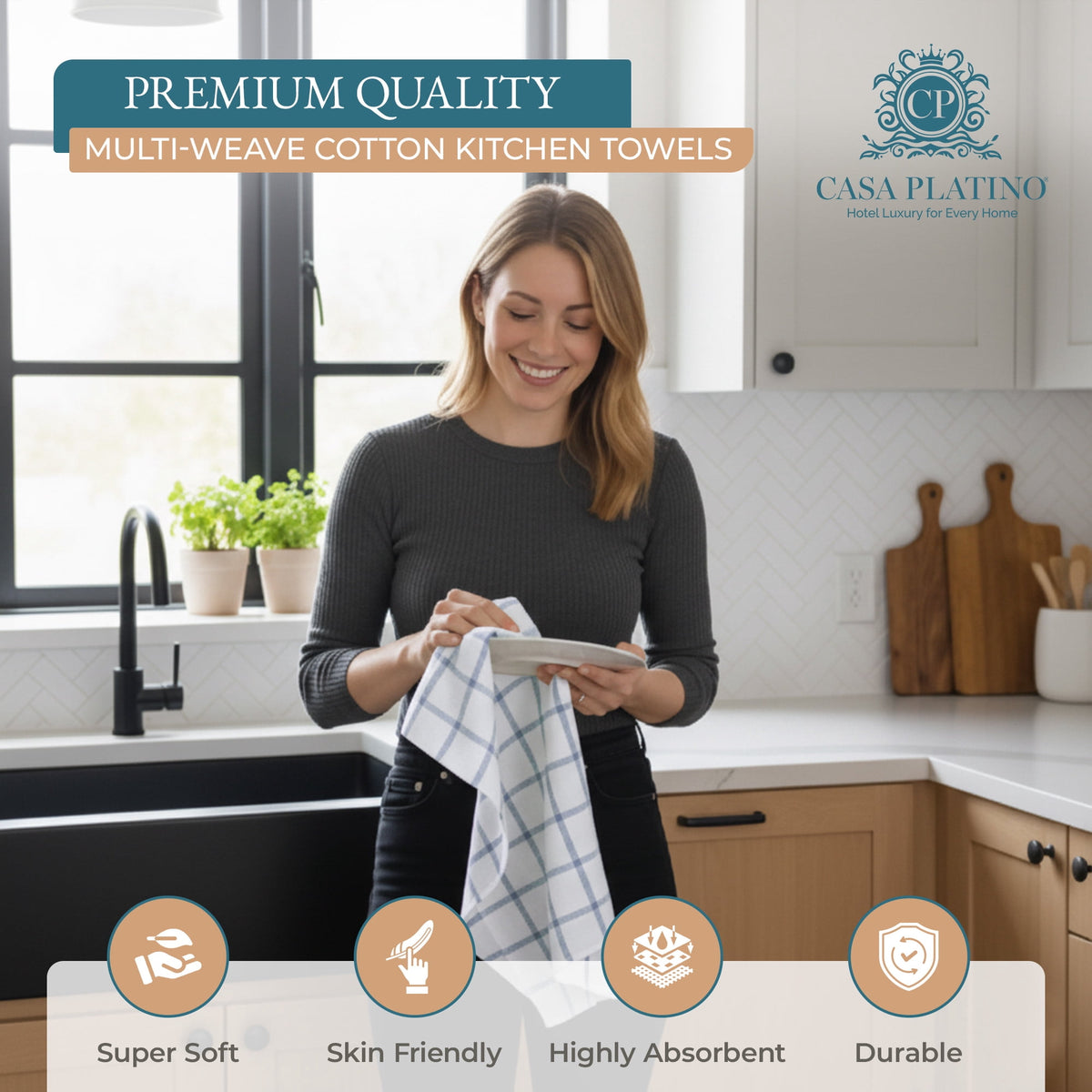Kitchen Towels Set - Pack of 6 Cotton Dish Towels for Drying Dishes, 18”x 28”, Kitchen Hand Towels, Quick Drying Kitchen Towel Set - Beige