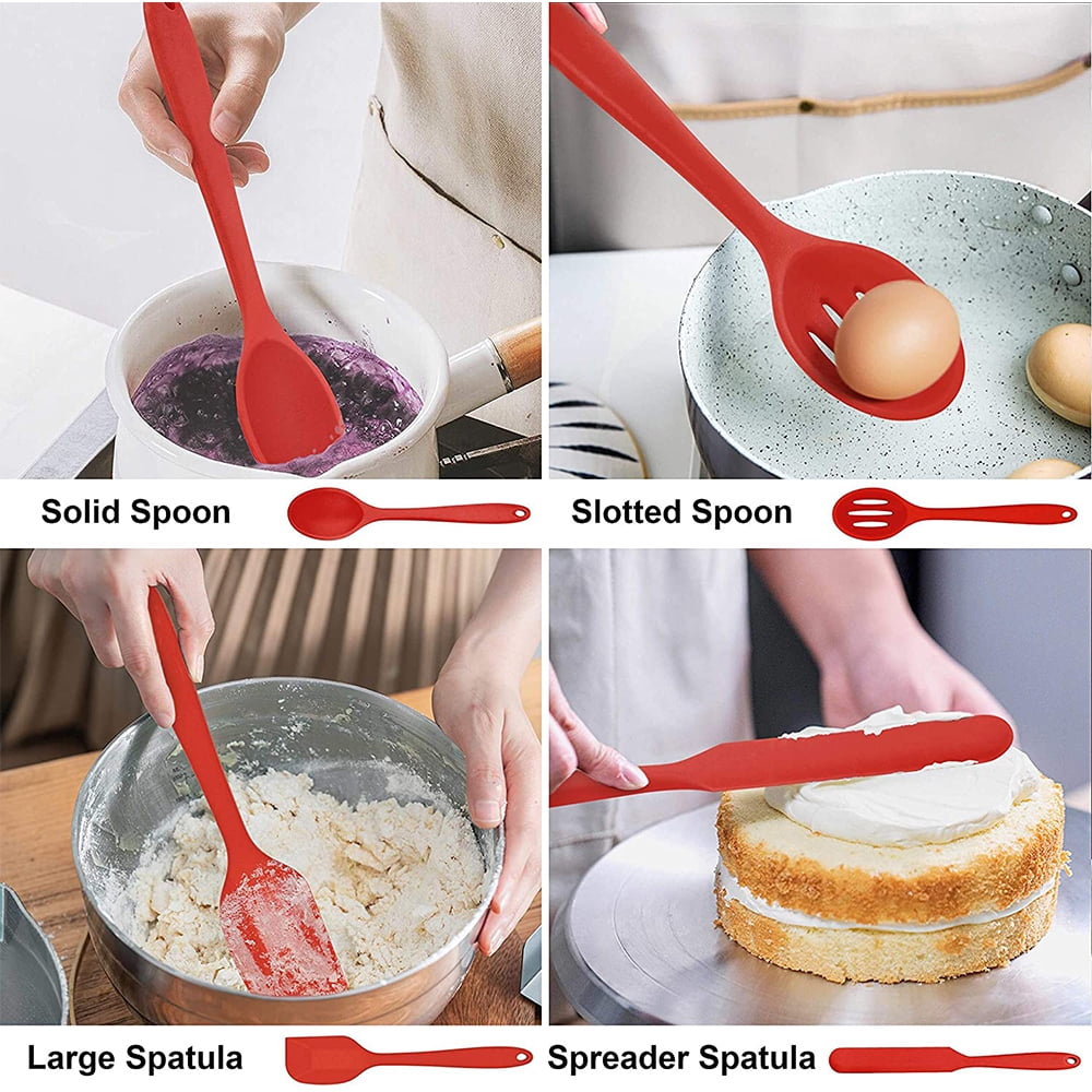 Walchoice 14 Pcs Cooking Utensils Set with Holder, Heat Resistant Silicone Kitchen Cookware Utensils Set, Kitchen Cooking Tools Includes Spatula Spoon Turner Whisk Tong, Dishwasher safe, Red