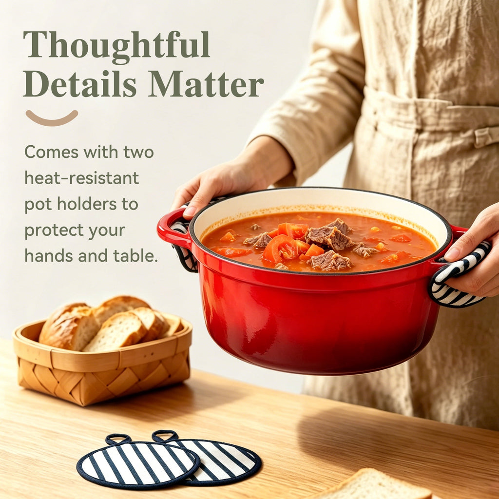 TINANA Enameled Cast Iron Dutch Oven, 5.5QT Pot with Lid and Cotton Potholders, Heavy-Duty Cookware for Braising, Stews, Roasting, Red