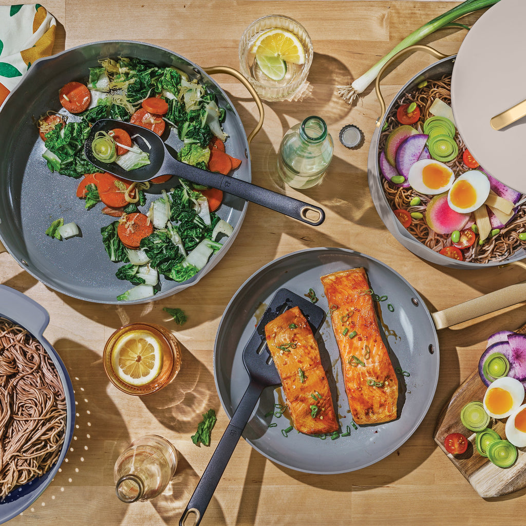 Beautiful 12-Piece Cookware Set, Pots and Pans with Strainer Lids and EverGood Ceramic Nonstick Coating, White Icing by Drew Barrymore