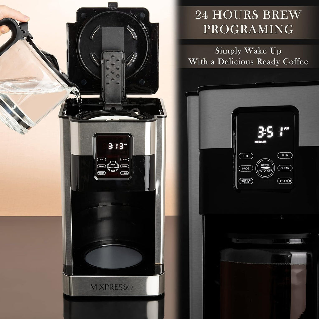 Mixpresso 12 Cup Coffee Pot, Auto-Off & Reusable Filter, Large Drip Coffee Maker 12 Cup Borosilicate Glass Carafe, Anti-Drip Coffee Machine Water Level Window, Black Electric Coffee Maker