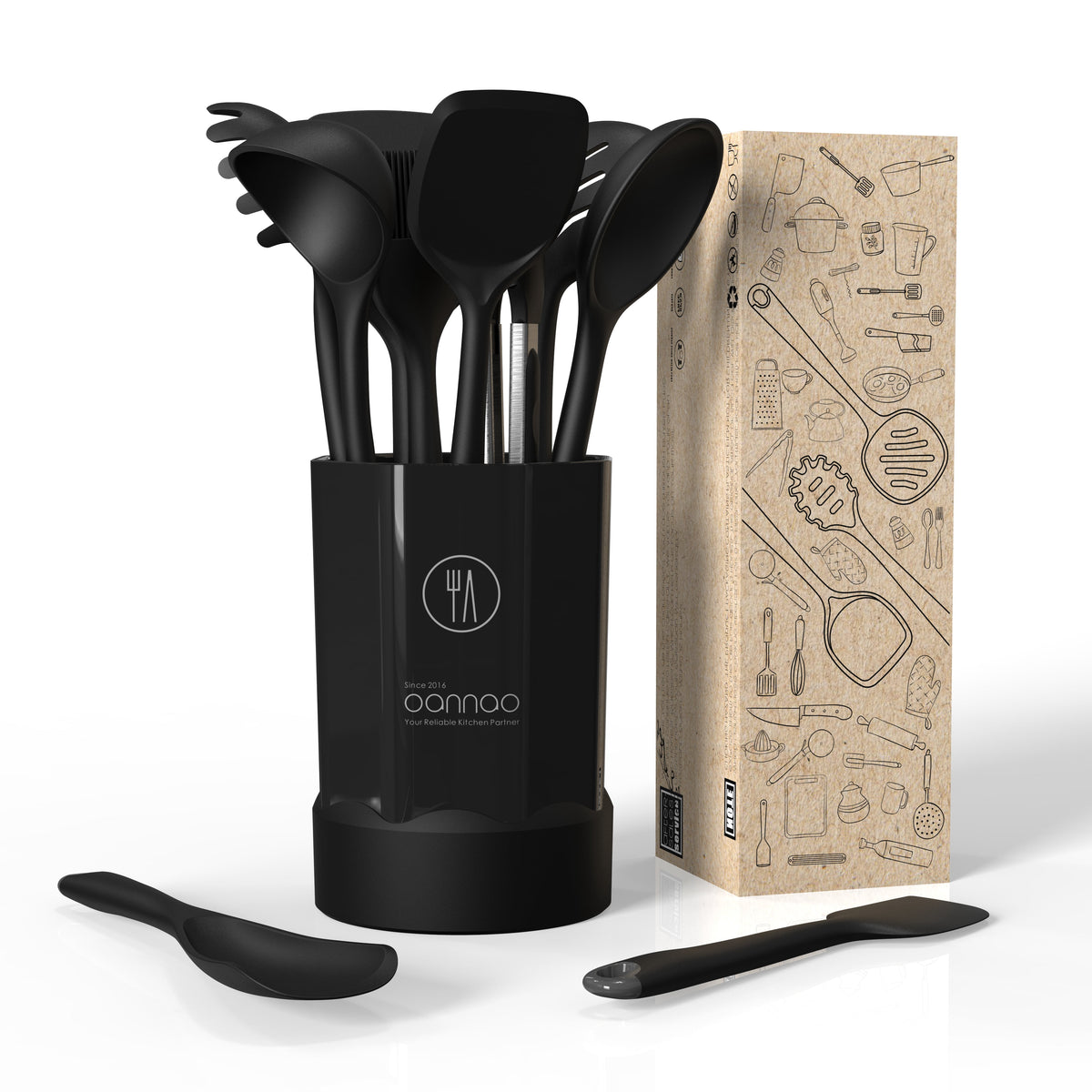 Silicone Kitchen Utensils Set, 600°F Heat Resistant Silicone Cooking Utensils, Spatula, Spoon, Whisk, Tongs, Kitchen Gadgets Tools Sets for Nonstick Cookware, Dishwasher Safe BPA Free (Black)