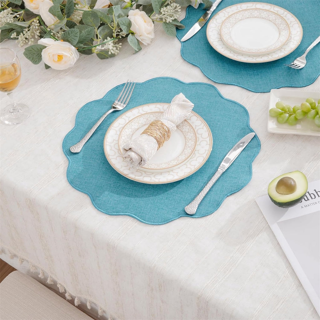 Ileading Scalloped Round Placemats Set of 6 Polyester Linen Blend Washable Non Slip Place Mats Easy Clean Heat Resistant Table Mats for Kitchen Dining Table Decor