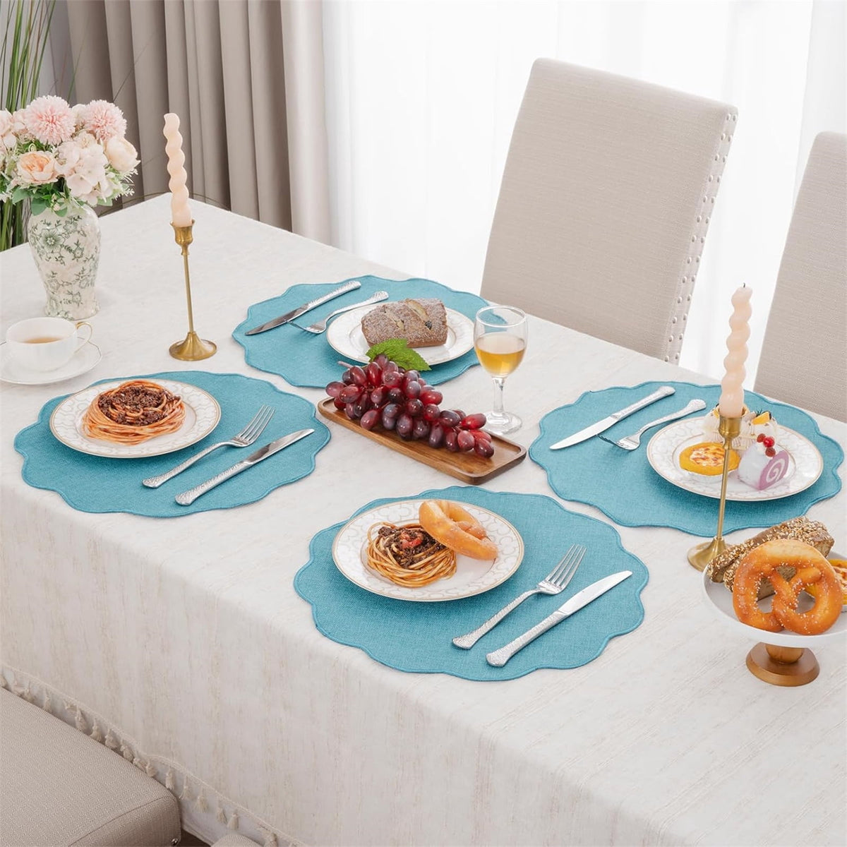 Ileading Scalloped Round Placemats Set of 6 Polyester Linen Blend Washable Non Slip Place Mats Easy Clean Heat Resistant Table Mats for Kitchen Dining Table Decor