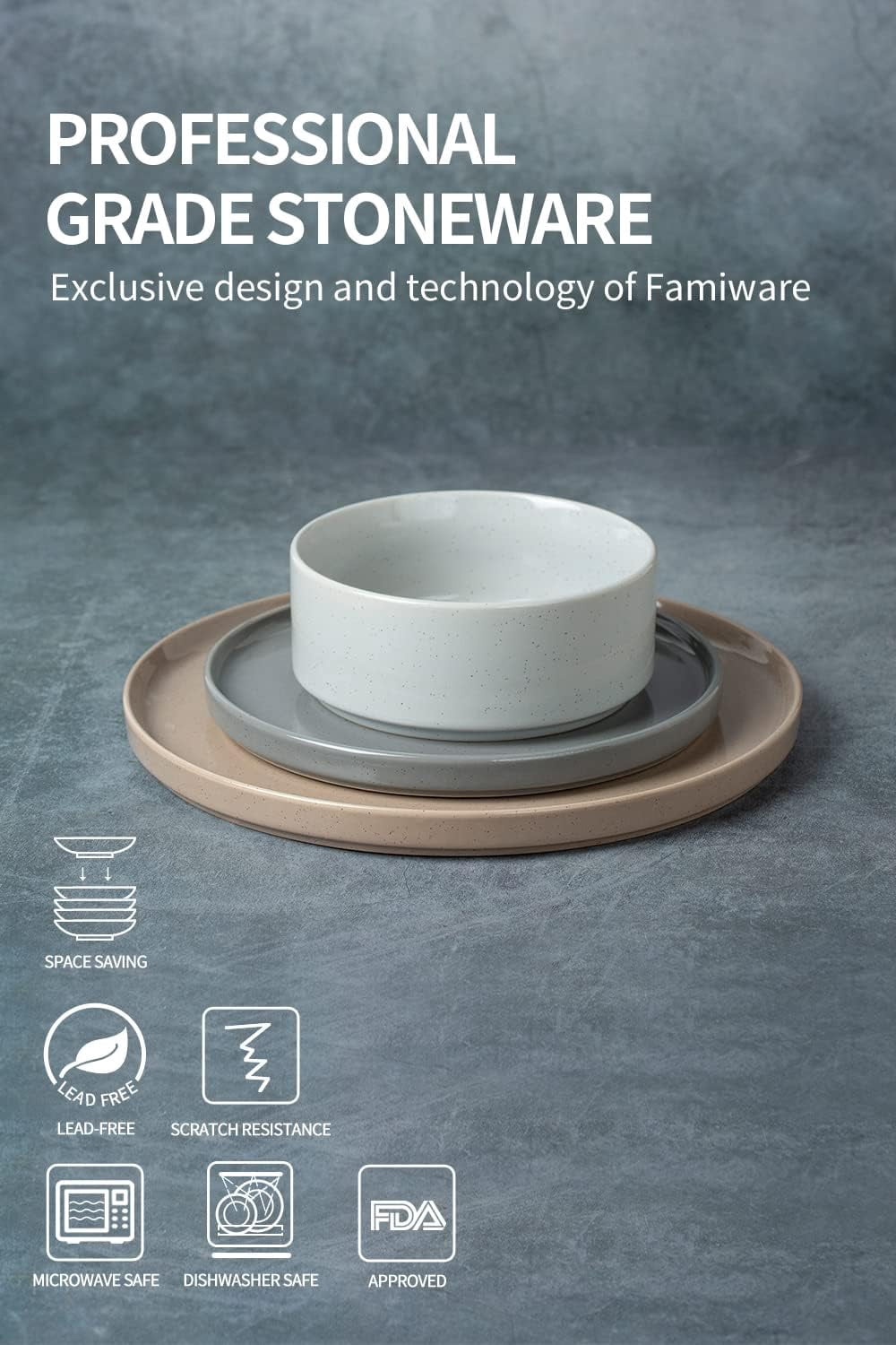 Famiware 12-Piece Stoneware Dinnerware Set with Plates & Bowls for 4, White