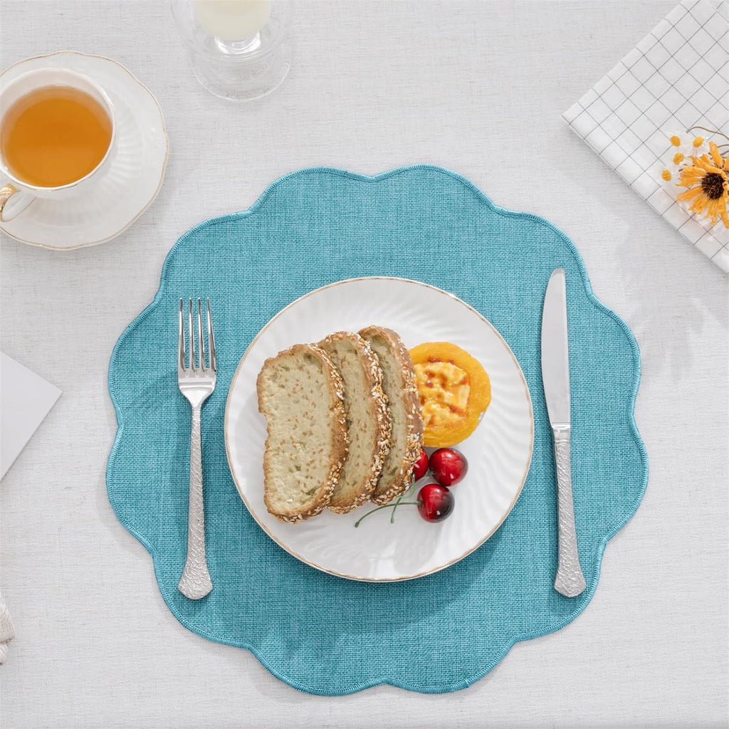 Ileading Scalloped Round Placemats Set of 6 Polyester Linen Blend Washable Non Slip Place Mats Easy Clean Heat Resistant Table Mats for Kitchen Dining Table Decor