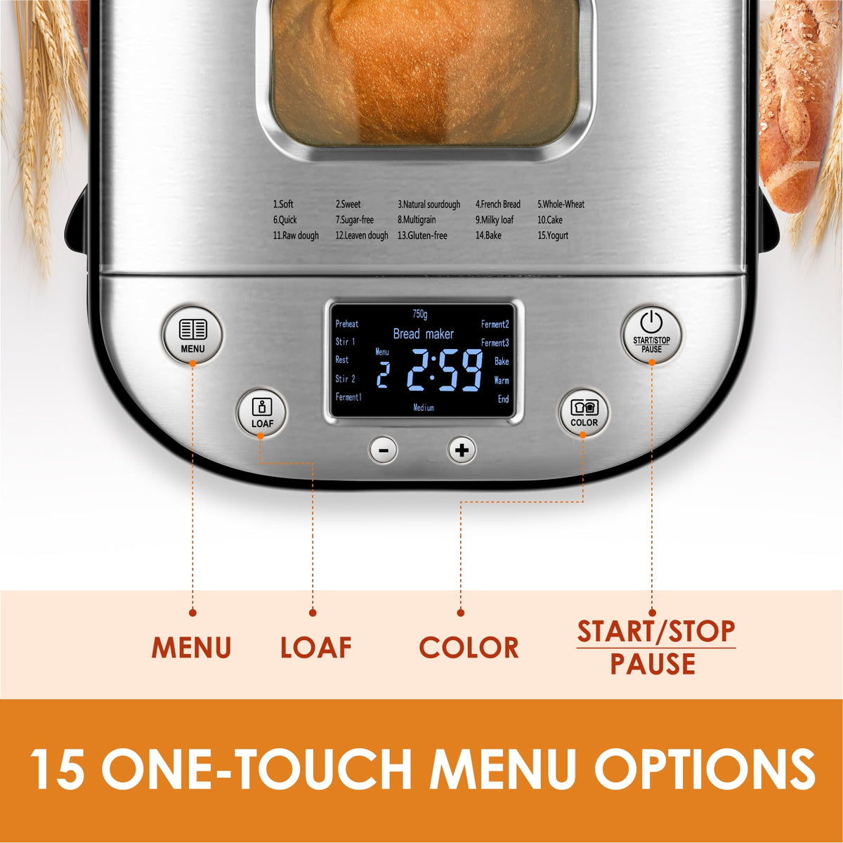 Kitchen in the box 15-in-1 Bread Machine, 2LB Stainless Steel Automatic Bread Maker with Recipes-Silver