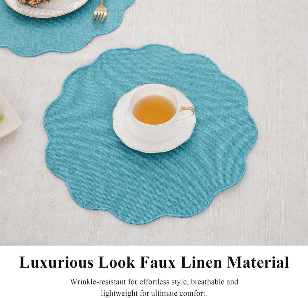 Ileading Scalloped Round Placemats Set of 6 Polyester Linen Blend Washable Non Slip Place Mats Easy Clean Heat Resistant Table Mats for Kitchen Dining Table Decor