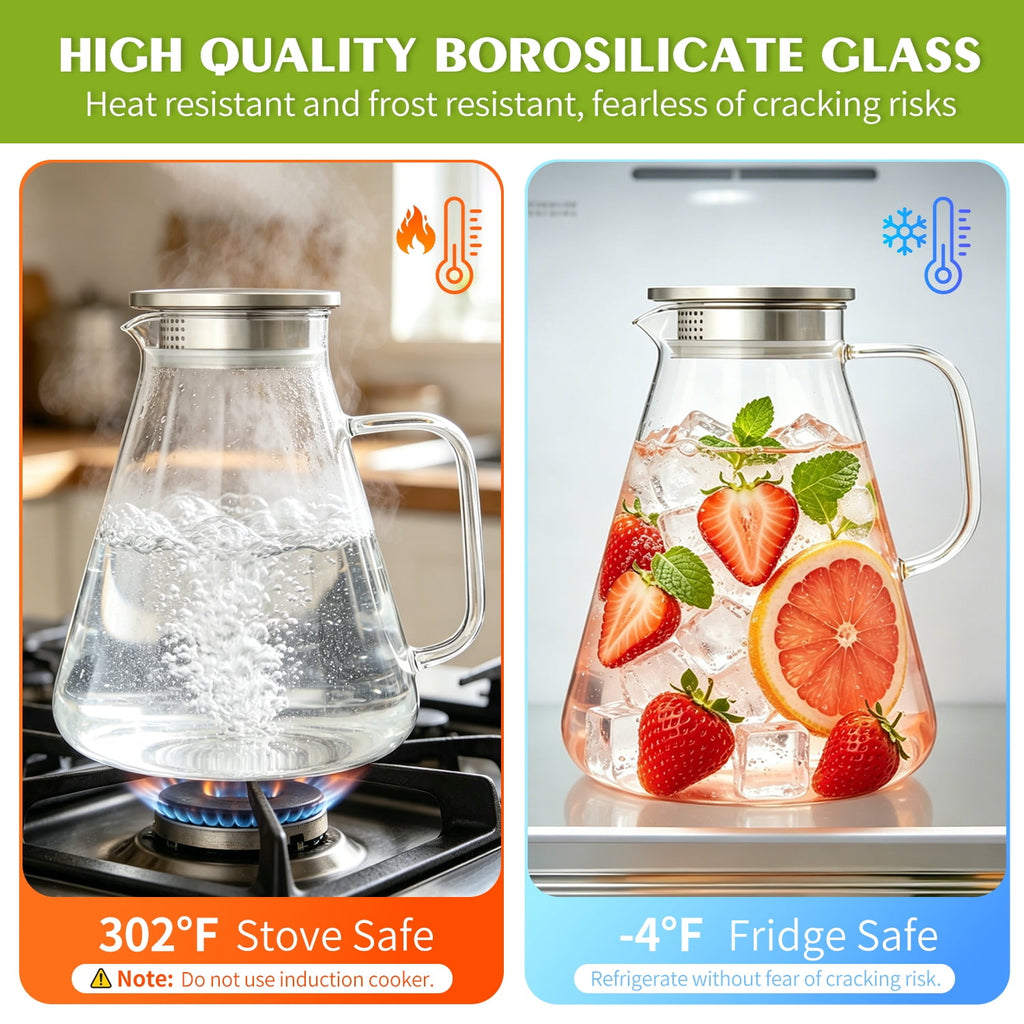 TINANA 68 oz Glass Pitcher with Lid, 2L Borosilicate Water Carafe, Stainless Steel Filter Lid, Iced Tea Lemonade Juice Beverage Jug, Yellow Handle
