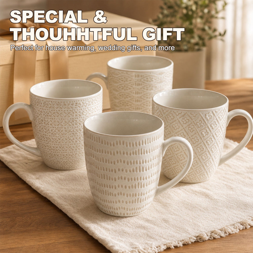 Soulgenix Coffee Mugs Set of 4, 14 Ounce Mug with Handles, Embossed Ceramic Coffee Cups for Coffee, Tea, Hot Cocoa, Milk, Microwave and Dishwasher Safe, Idea Gift for House Warming Gifts, Off White