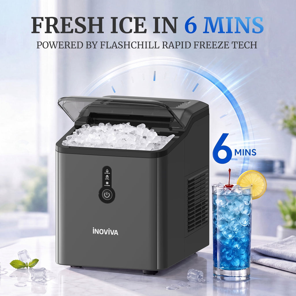 Inoviva Countertop Nugget Ice Maker, 26.5LBS/Day, Ice Ready in 6 Mins, One-Click Self-Cleaning for Home, Office & RV