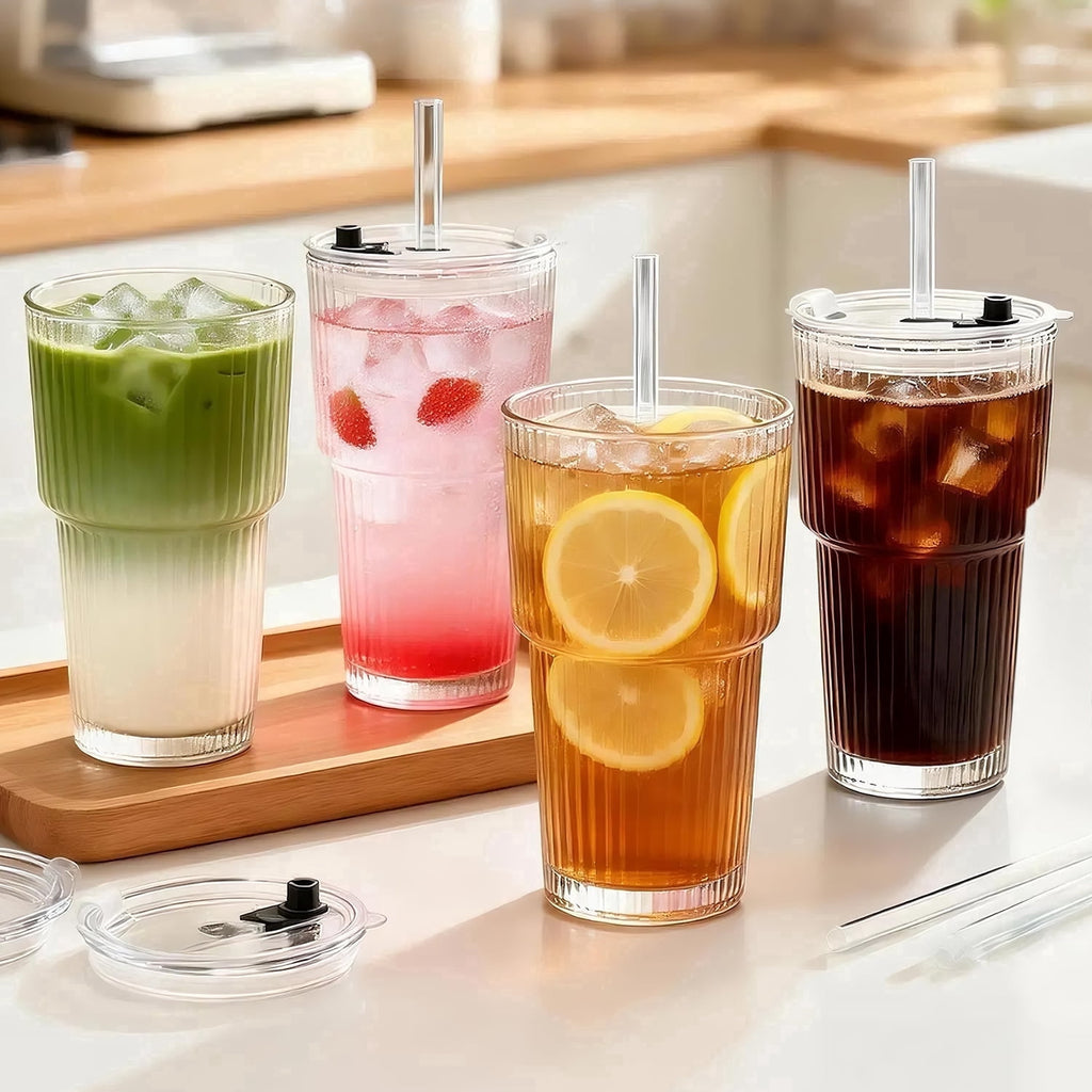 TAIMASI 4-Pack Ribbed Glass Tumblers with Lids, Straws and Cleaning Brush, 20oz Leakproof for Iced Coffee，Cocktails, Juice