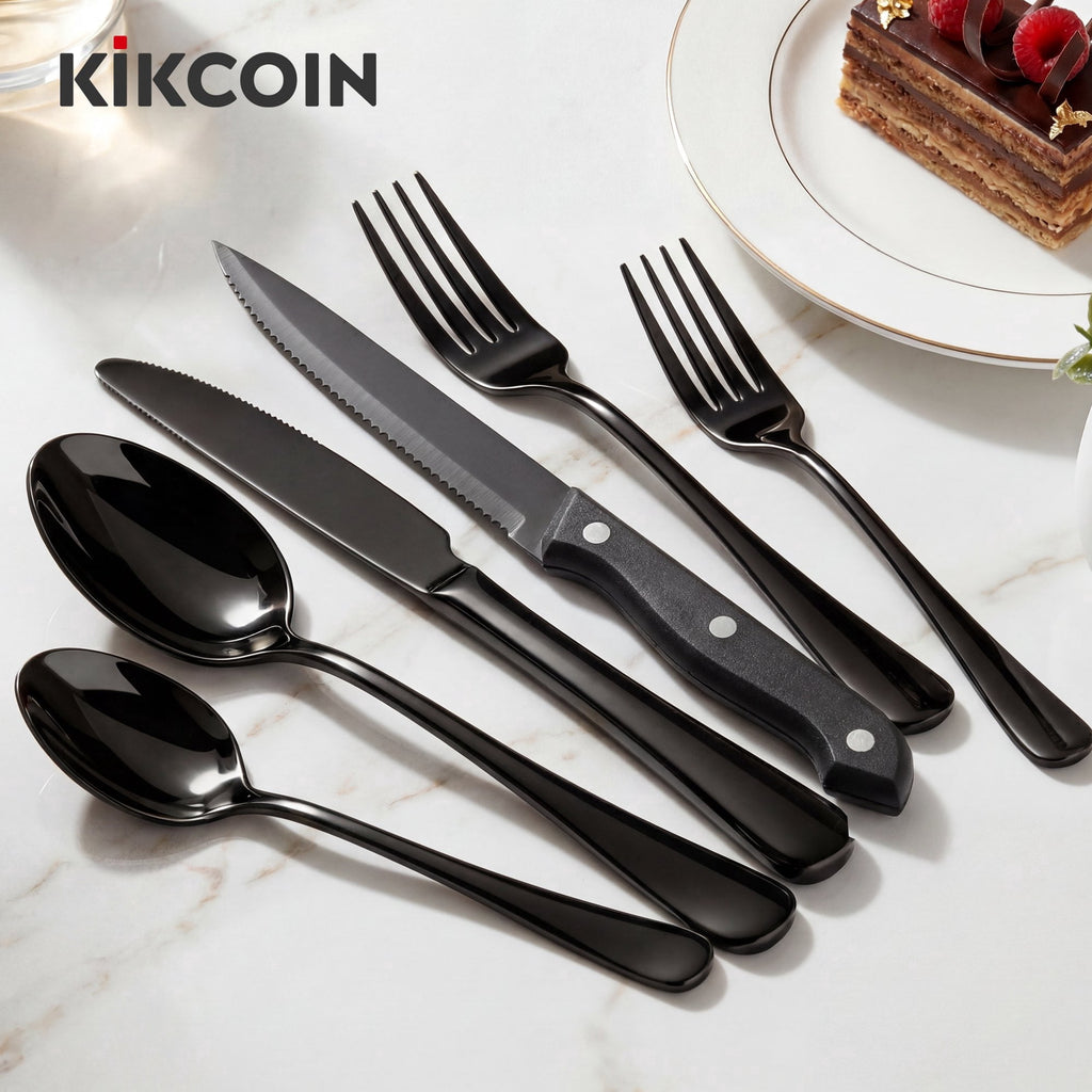 Kikcoin 42 Pcs Silverware Set for 8, Stainless Steel Flatware Set, Mirror-Polished Spoons, Forks and Knife Set, Cutlery Utensils Set for Kitchen, Wedding and Restaurant, Black