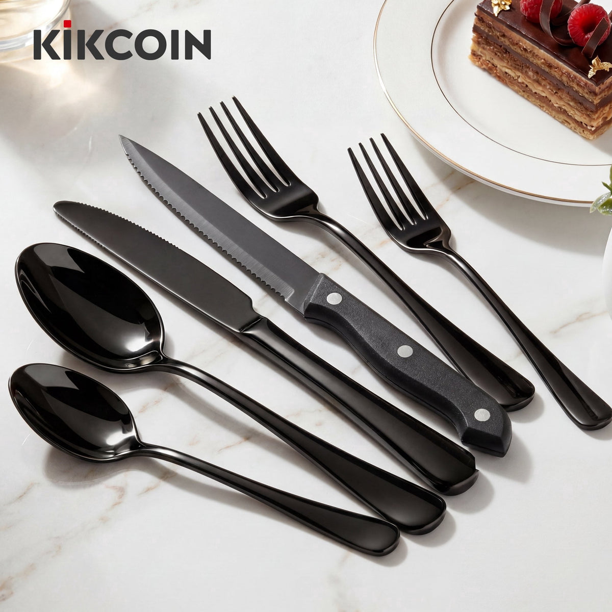 Kikcoin 42 Pcs Silverware Set for 8, Stainless Steel Flatware Set, Mirror-Polished Spoons, Forks and Knife Set, Cutlery Utensils Set for Kitchen, Wedding and Restaurant, Black