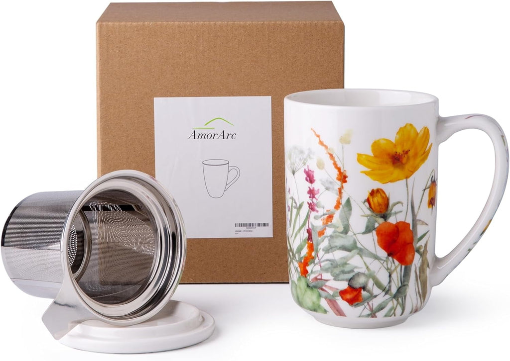 AmorArc Porcelain Tea Mug with Infuser and Lids, 18 Oz Cup Strainer Bag Holder for Loose Leaf Tea, Steeping Coffee Well-wrapped Box House-warming Wedding Birthday Gift, YelloRed