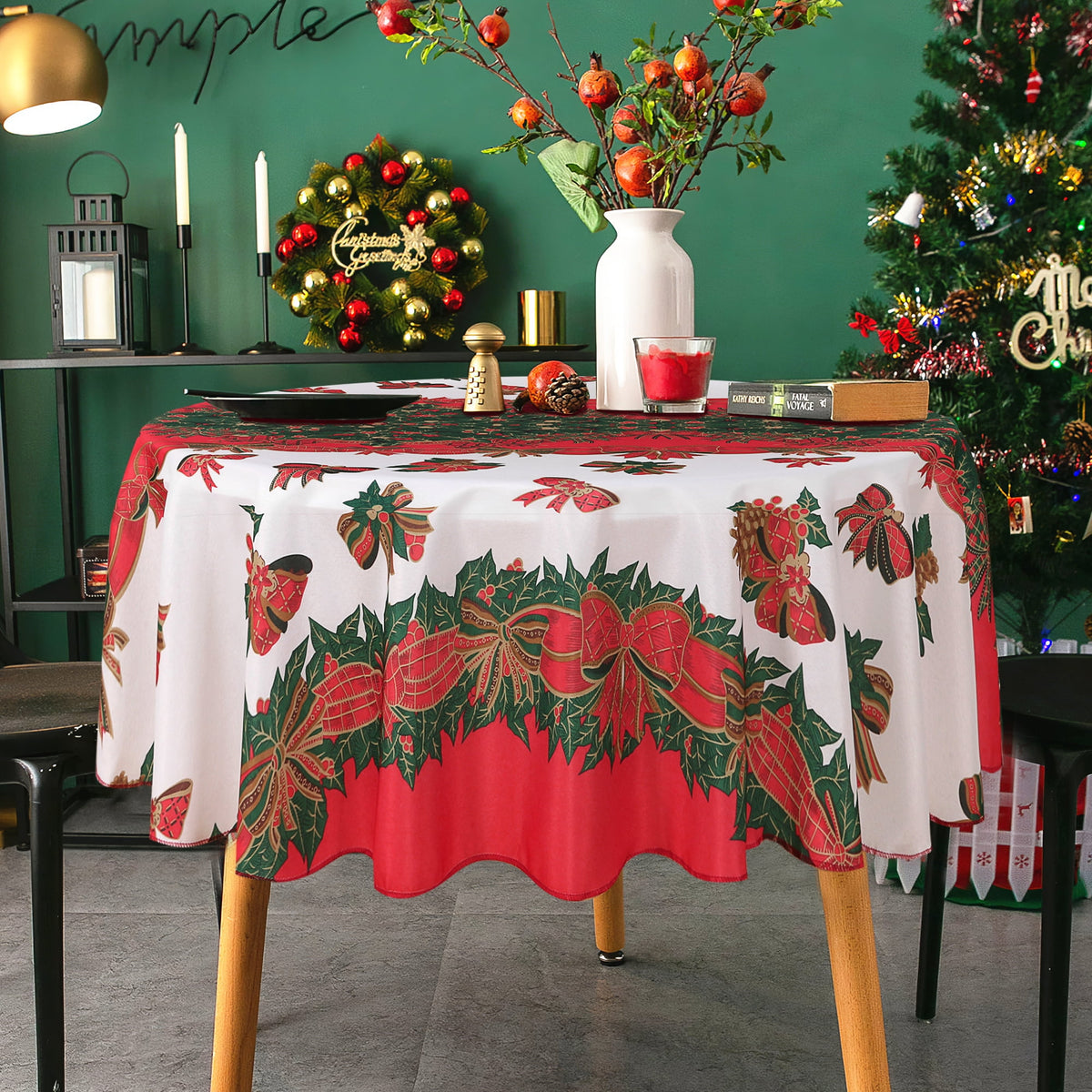 LUSHVIDA Christmas Tablecloth Rectangle - 60x84 inch Holly Ribbon Pattern Washable Wrinkle Resistant Holiday Tablecloths for Christmas Family Gathering, Dining Room Table Decoration 130GSM