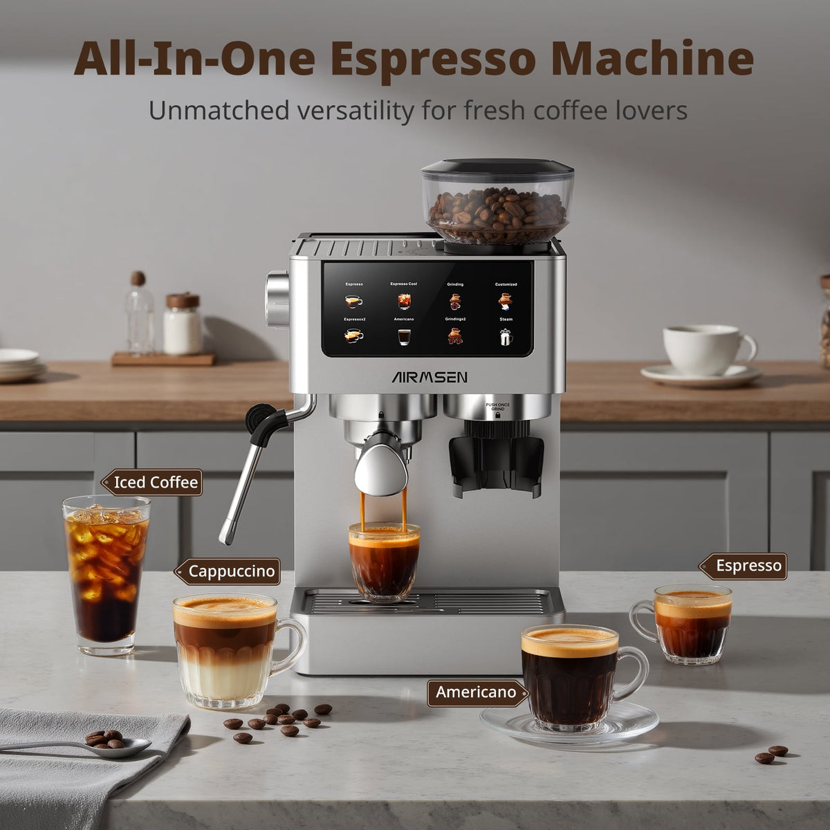 AIRMSEN Espresso Machine with Grinder, Espresso Coffee Machine with Customized Grind Amount & Coffee Volume, Cold Brew Coffee Maker for Cappuccino Latte Americano, Brushed Stainless Steel