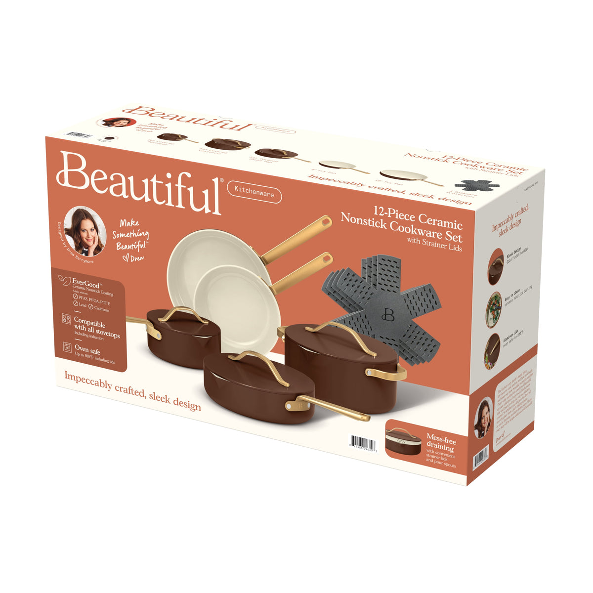 Beautiful 12-Piece Cookware Set, Pots and Pans with Strainer Lids and EverGood Ceramic Nonstick Coating, White Icing by Drew Barrymore