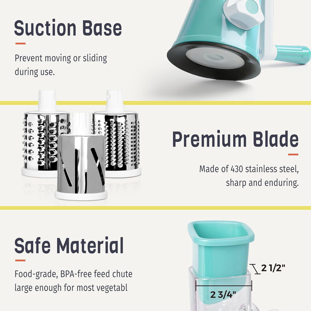 Premium Rotary Cheese Grater, Manual Cheese Grater for Kitchen, Handheld Vegetables Slicer Cheese Shredder with Rubber Suction Base, 3 Stainless Drum Blades Included,Blue