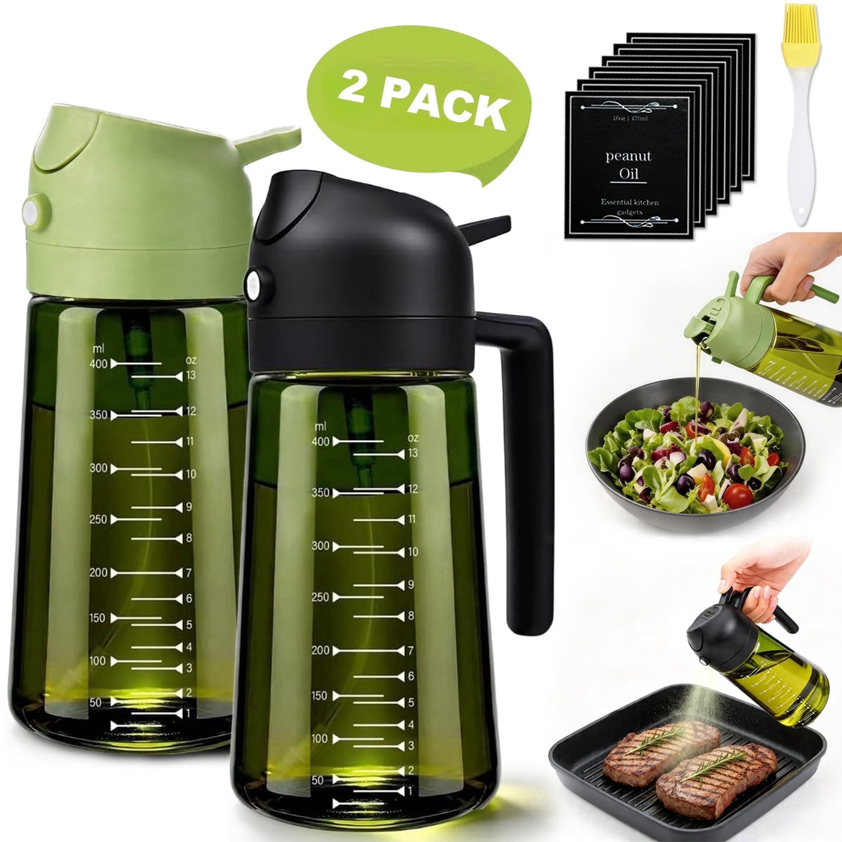 AGCAN Oil Sprayer for Cooking, 2 Pack Glass Olive Oil Sprayer Mister 220ml/7.4oz Glass Oil Dispenser for Air Fryer, BBQ, Baking, Salad