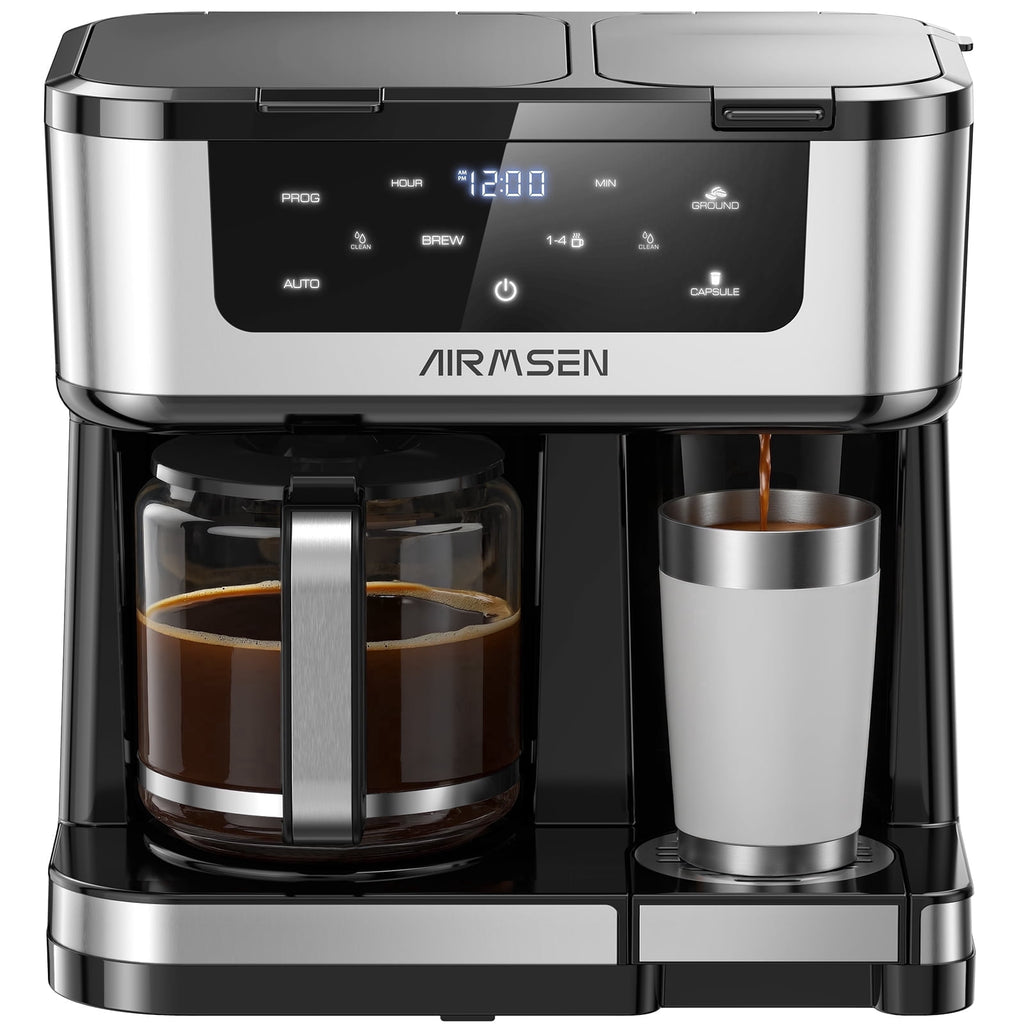 AIRMSEN 12-Cup Drip Coffee Maker with K Cup Combo, Programmable Coffee Machine with 1-4 Cup Setting, Single Serve or Coffee Pot, Auto Shut-off, Spill-Free Spout