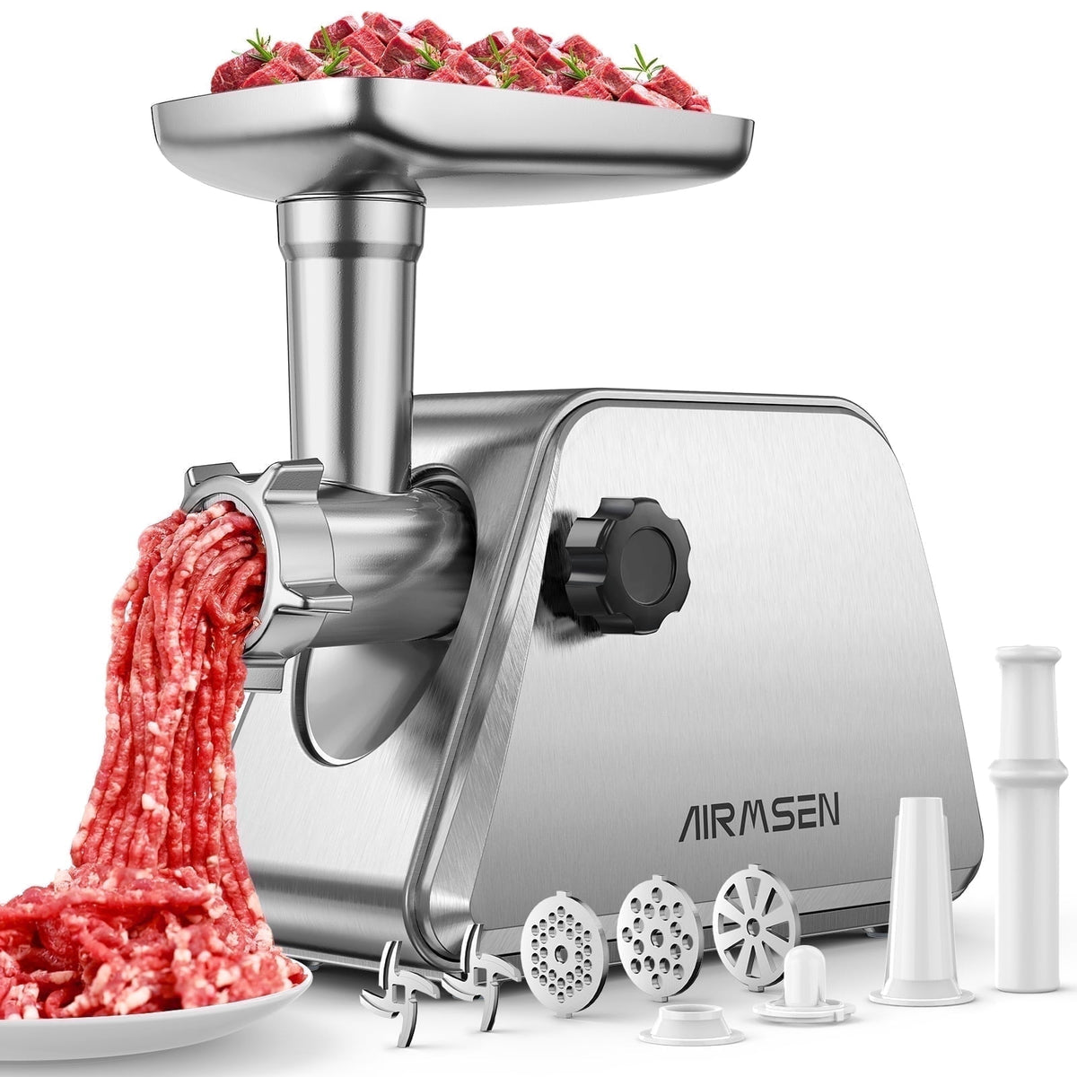 AIRMSEN Stainless Steel Meat Grinder, Electric 3 in 1 Meat Mincer with 2 Blades & 3 Plates, Sausage & Kubbe Maker Kit, Fixed Lock, Double Switch, Food Grinder for Home Kitchen Use