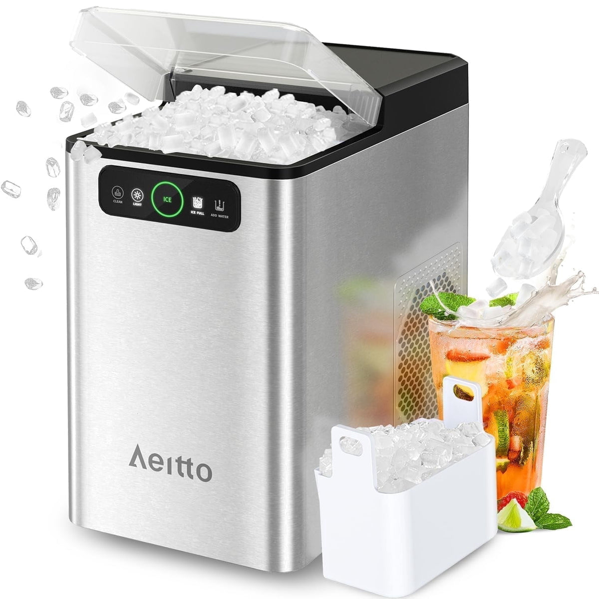 Aeitto Nugget Ice Maker Countertop, Pellet Ice Machine Soft Chewable Ice 40lbs/Day, One-Click Operation, Auto Self-Cleaning Crushed Ice Makers Stainless with Scoop for Home/Kitchen/Office Black