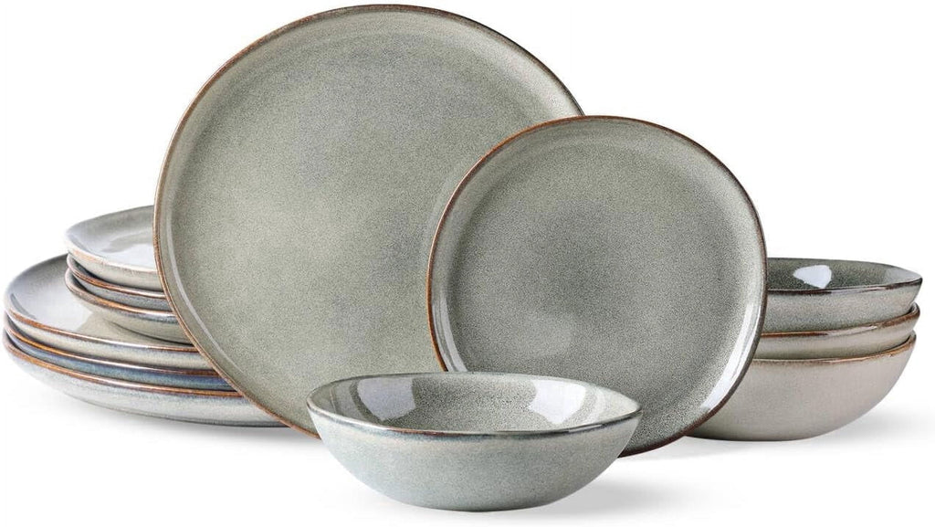 AmorArc Ceramic Dinnerware Sets,Handmade Reactive Glaze Stoneware Plates and Bowls Sets,Highly Chip and Crack Resistant | Dishwasher & Microwave Safe Dishes Set,Service for 4 Set(12pc),Reactive Glaze