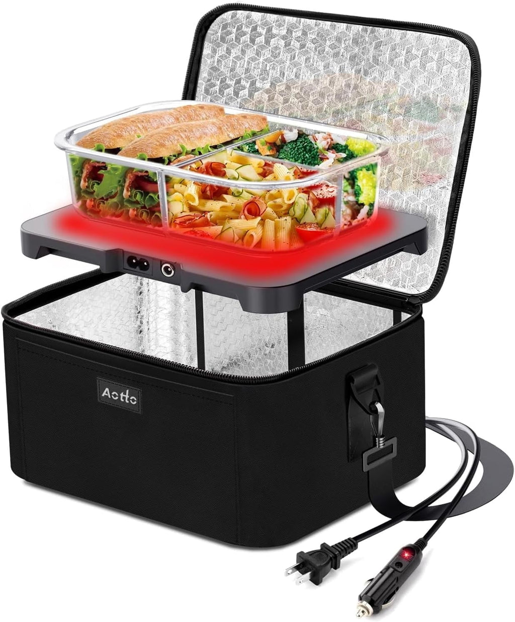 Aotto Portable Oven, 12V, 24V, 110V Portable Food Warmer, Mini Personal Microwave Heated Lunch Box for Work Reheating and Cooking Meals in Truck, Vehicle, Travel, Camping, Picnic, Black