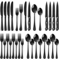 Astercook 25-Pieces Black Silverware Set with Steak Knives, Black Flatware Set for 4, Food-Grade Stainless Steel Tableware Cutlery Set, Eating Mirror Polished Utensil Set for Home Restaurant