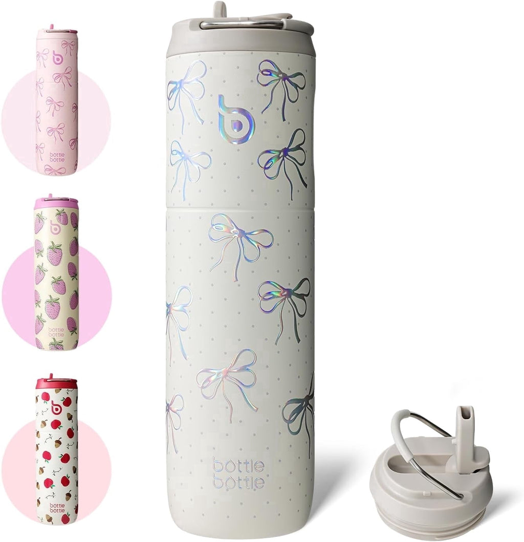 BOTTLE BOTTLE Insulated Water Bottle 24oz with Straw Lid and Handle for Sports Travel Gym Stainless Steel Water Bottles Double-Wall Vacuum Metal Leak Proof BPA-Free (Bling Bow)