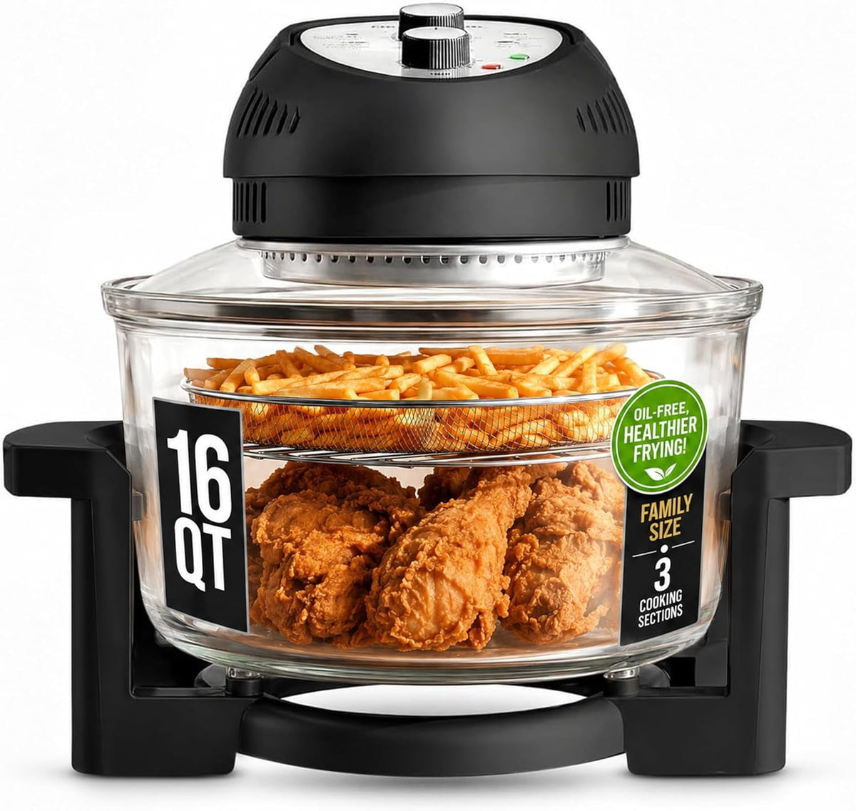 Granitestone 16Qt Large Glass Air Fryer Non Toxic – Family Sized Airfryer Cooker with 3 Cooking Levels, Stainless Steel Racks, Chicken, No Preheat, Self Cleaning, Dishwasher Safe, White