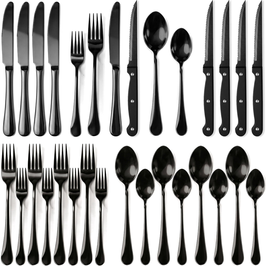 Black Silverware Set with Steak Knives, 24-Piece Flatware Set Service for 4, Thickened Stainless Steel Spoons and Forks Set, Upgraded Rust-Resistant Coating, Dishwasher Safe Cutlery Set for Gifts