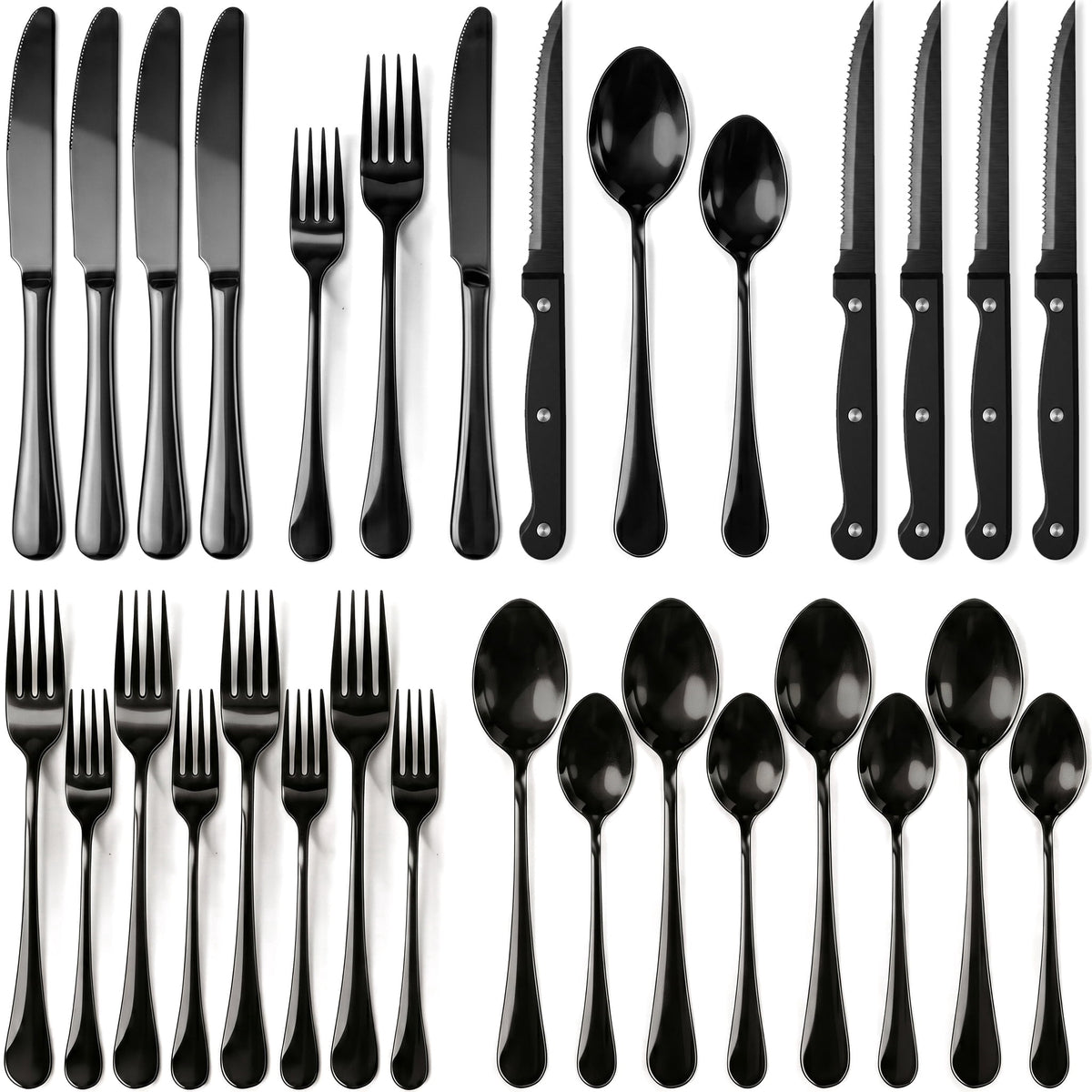 Black Silverware Set with Steak Knives, 24-Piece Flatware Set Service for 4, Thickened Stainless Steel Spoons and Forks Set, Upgraded Rust-Resistant Coating, Dishwasher Safe Cutlery Set for Gifts